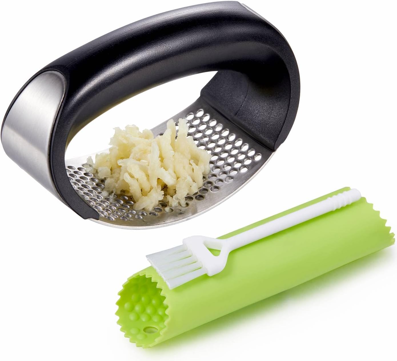 Garlic Press Rocker Silicon Garlic Peeler Stainless Steel Garlic Mincer Clove Crusher Masher Mincing Tool Innovative NEW Kitchen Gadget (silver black color)