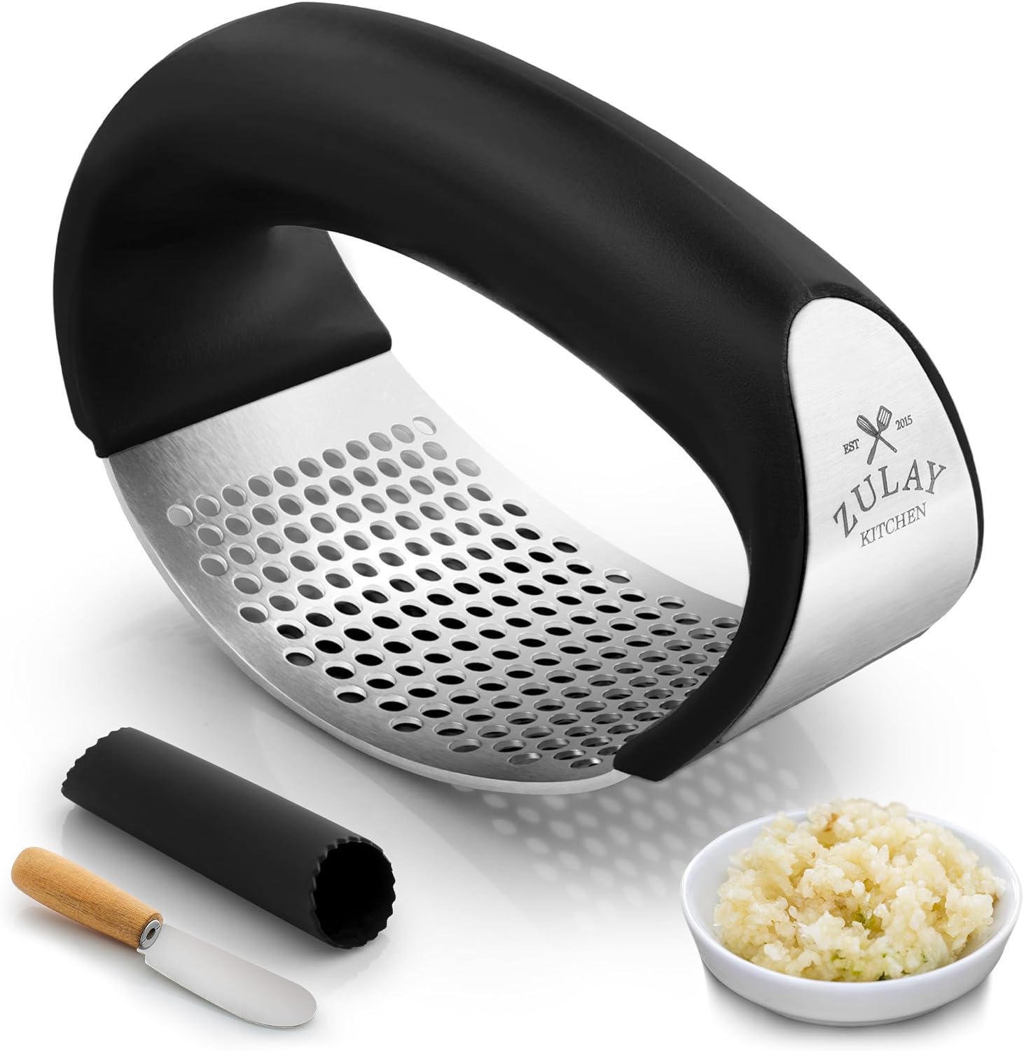 Zulay Garlic Press Rocker Set - Stainless Steel Garlic Mincer With Silicone Peeler & Scraper - Comfortable Grip Garlic Crusher - Garlic Chopper for Smash Garlic (Black)