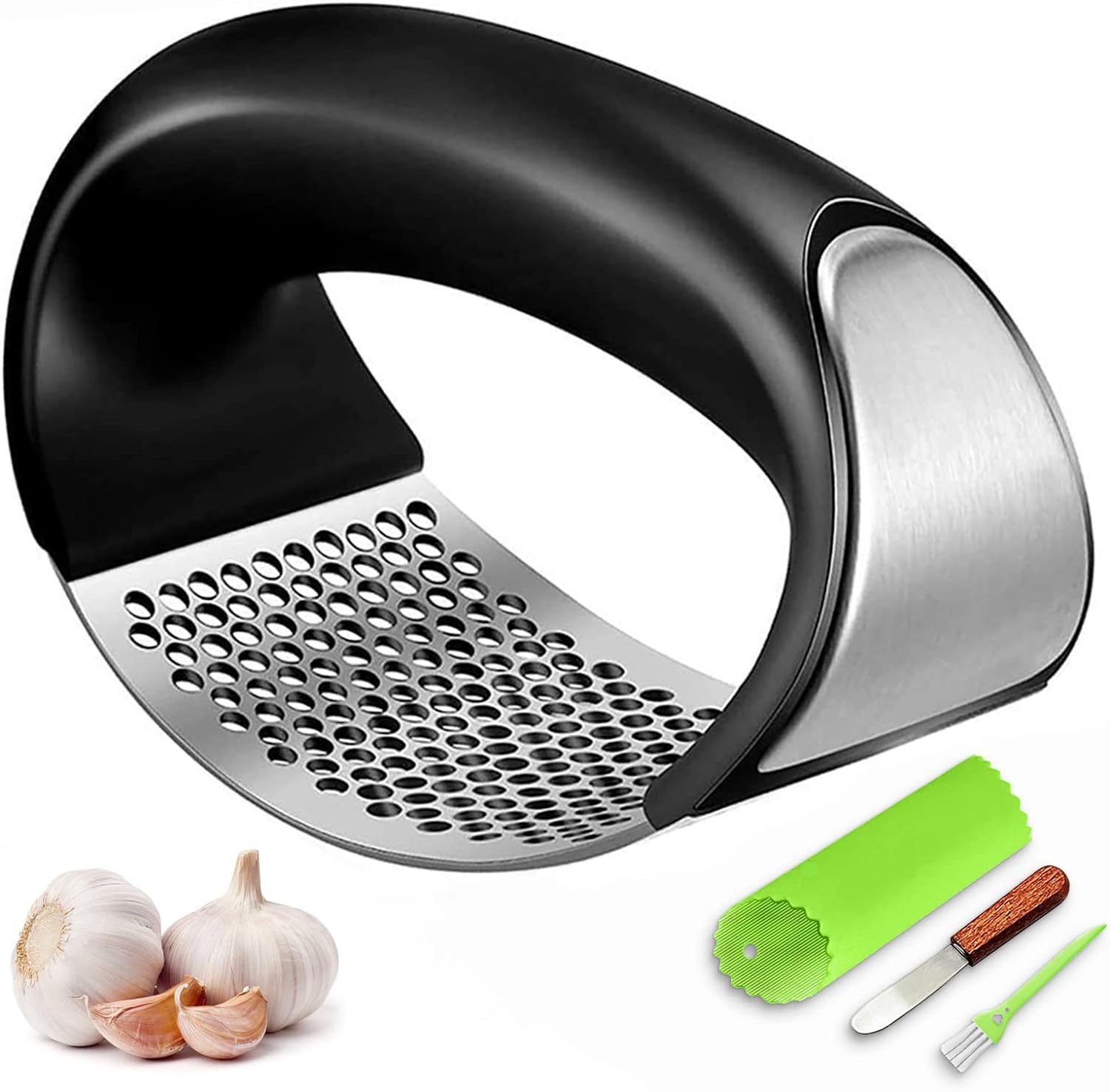 Garlic Press Rocker, Stainless Steel Garlic Mincer Crusher Professional Kitchen Gadgets Garlic Chopper with Ergonomic Handle, Silicone Garlic Peeler