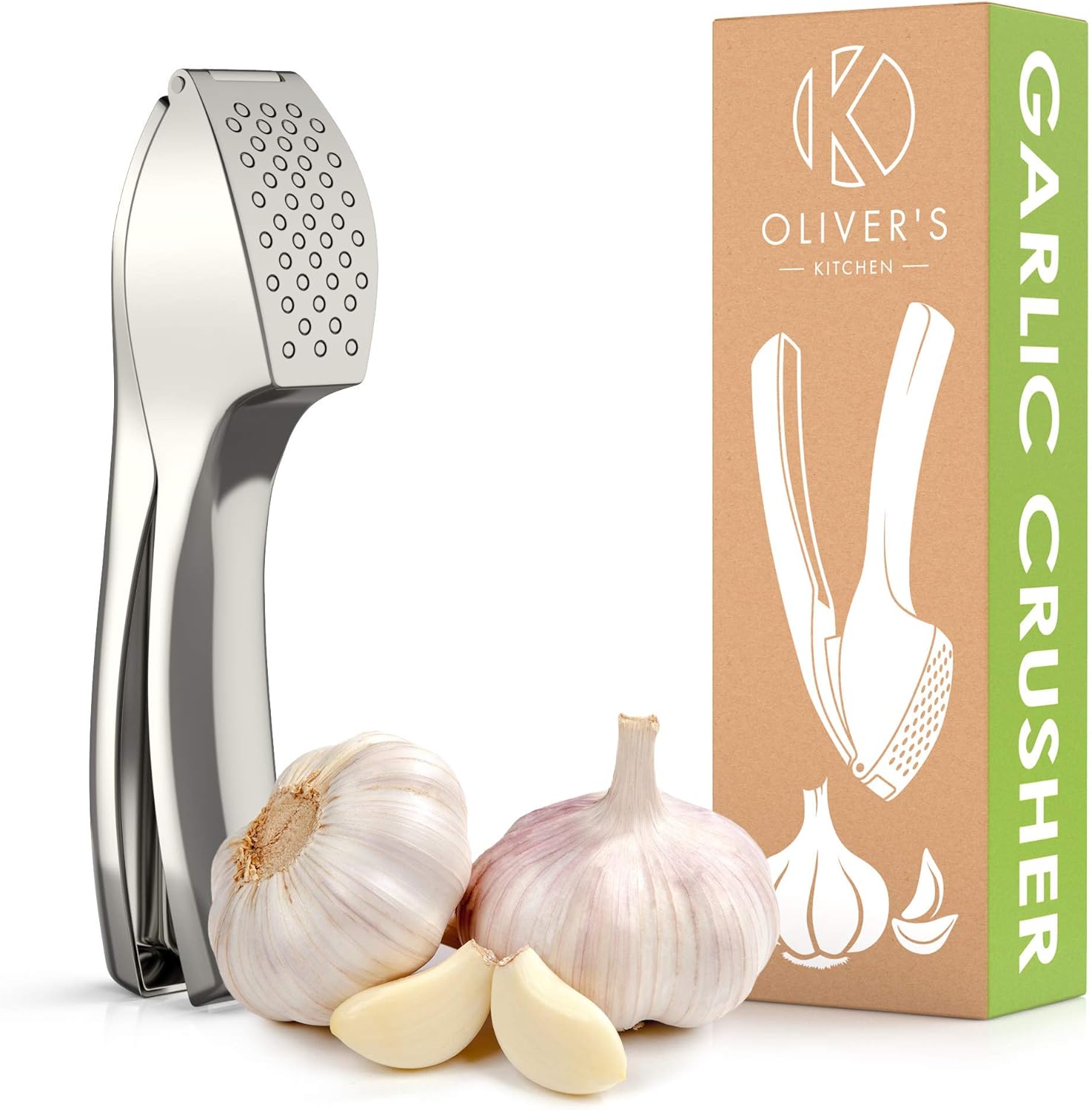 Oliver' Kitchen  Premium Garlic Press - Super Easy to Use & Clean Garlic Crusher & Mincer - Crush Garlic & Ginger Effortlessly (No Need to Peel) - Built for Life - Strong & Durable - Stylish Design