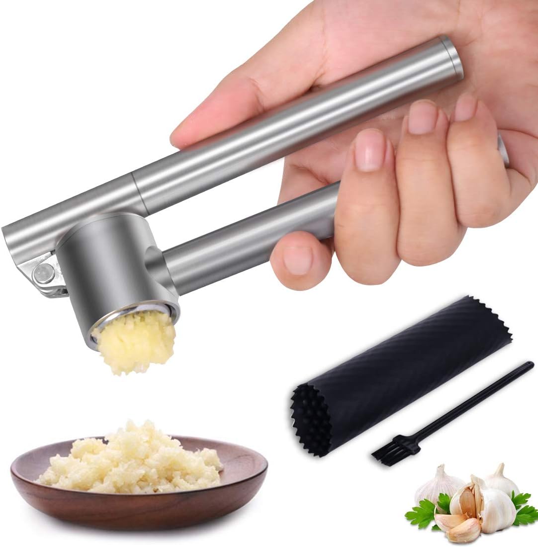 Garlic Press Mincer - 304 Stainless Steel Garlic Crusher & Peeler Set, Detachable, Heavy-duty, Rust Proof Garlic Mincer Design for Extracts More Garlic Paste Per Clove