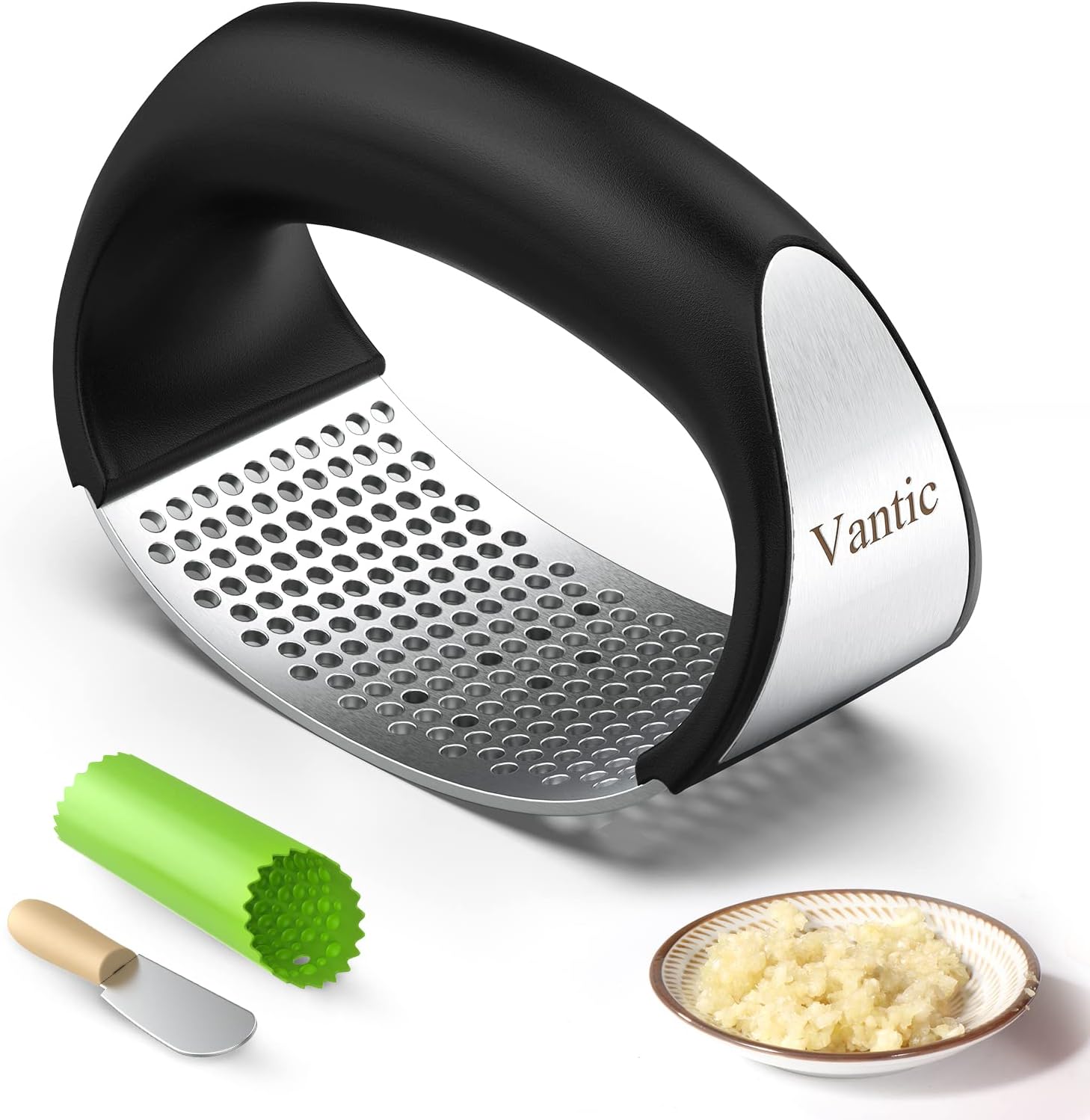 Vantic Garlic Press Rocker - Stainless Steel Garlic Mincer Garlic Crusher, New Innovative Garlic Chopper with Peeler and Scraper for Smash Garlic