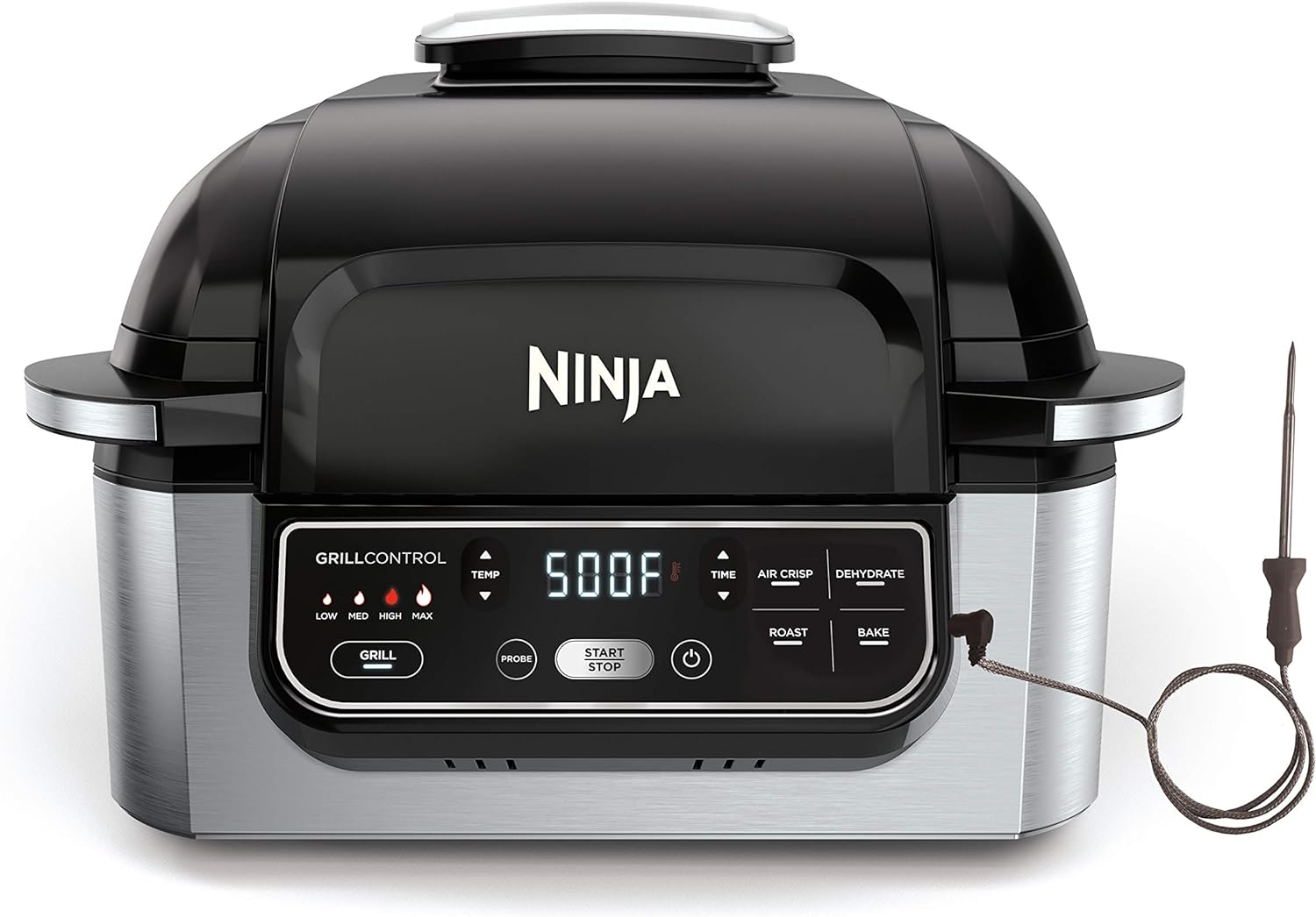 Ninja Foodi Pro 5-in-1 Indoor Integrated Smart Probe, 4-Quart Air Fryer, Roast, Bake, Dehydrate, an Cyclonic Grilling Technology, with 4 Steaks Capacity, Stainless