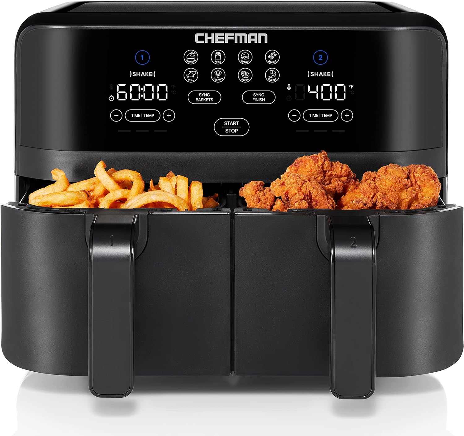 I love the two baskets, the ability to coordinate finish times and the best is, when the lights come on so you can see how everything' cooking. It' Soo convenient for a single person. Cleans up easy and looks pretty good on my countertop.