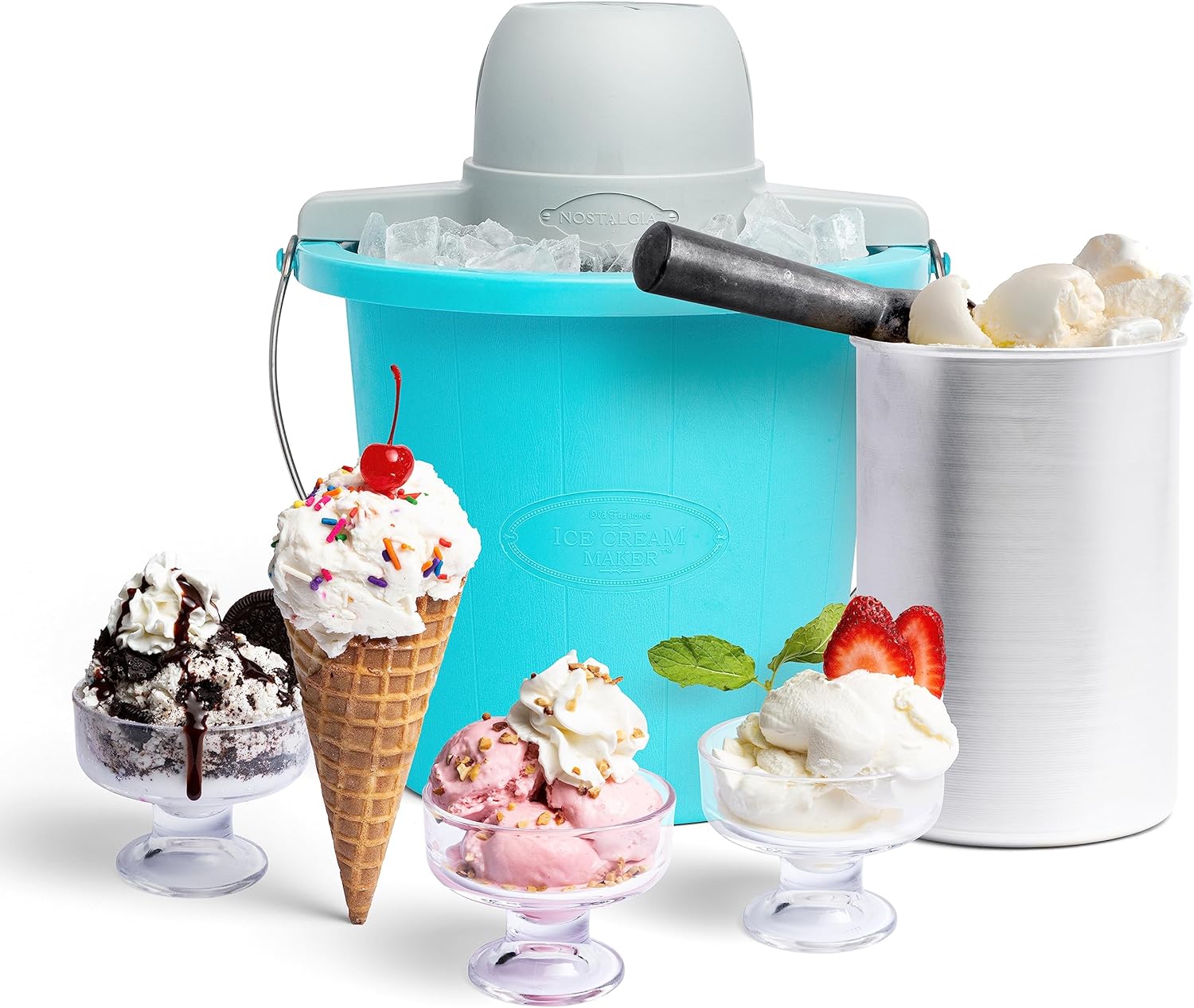 Nostalgia Electric Ice Cream Maker - Old Fashioned Soft Serve Ice Cream Machine Makes Frozen Yogurt or Gelato in Minutes - Fun Kitchen Appliance - Aqua - 4 Quart