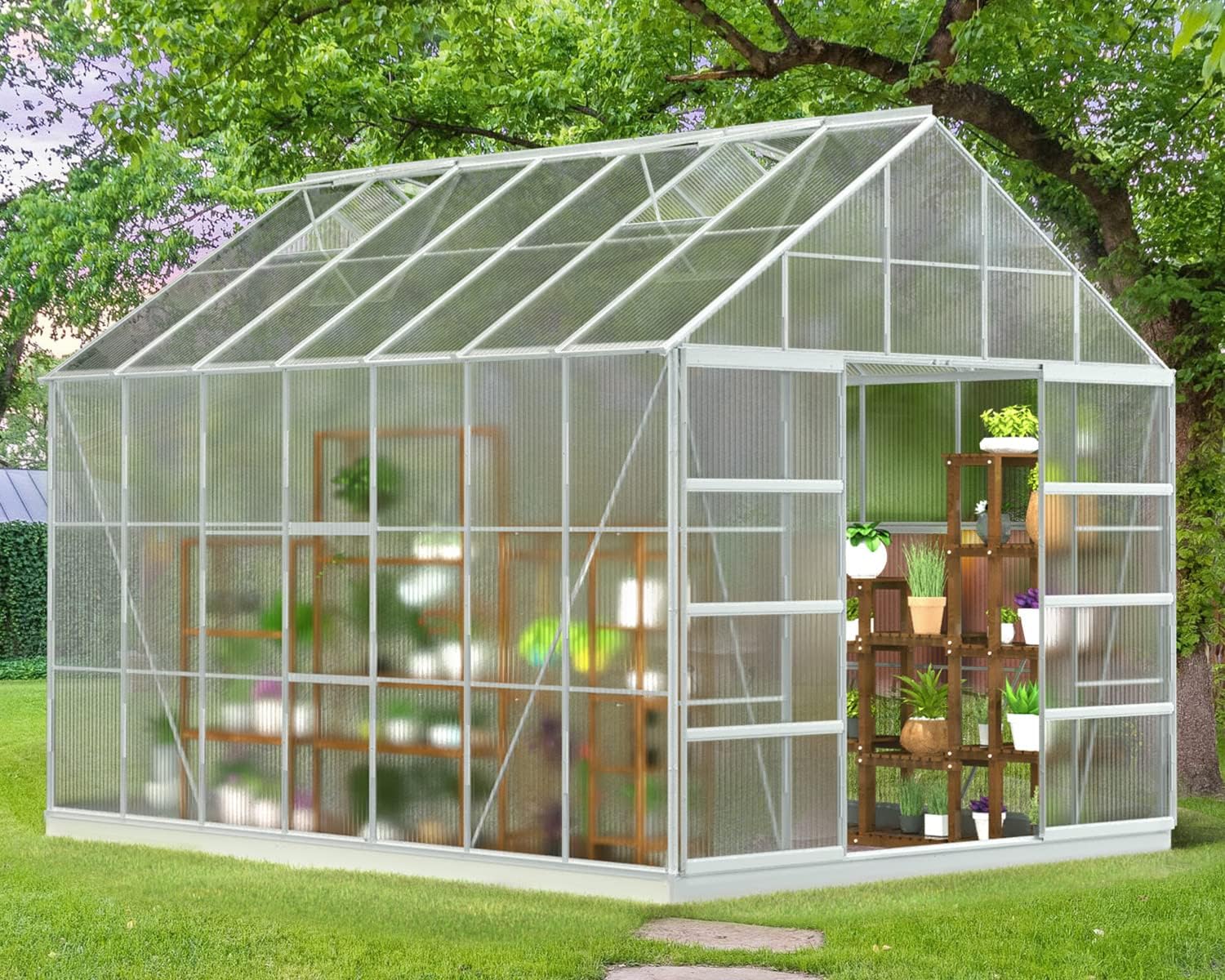 MELLCOM 14' x 10' x 10.3' Greenhouse for Outdoor, Outside Walk-in Hobby Green House for Plants with Polycarbonate Aluminum Frame, Adjustable Roof Vent and Sliding Door for Backyard Garden in Winter