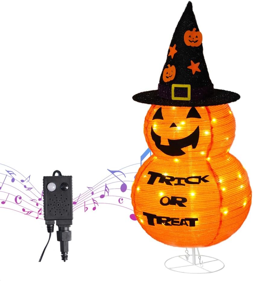 Halloween Pumpkin Decorations, Human Body Sensor Controller 2.6FT Pre-Lit Light Up Pumpkin, Pupmkin Light with Star Hat, Jack o' Lantern with Metal Stand for Outdoor Indoor Garden Yard