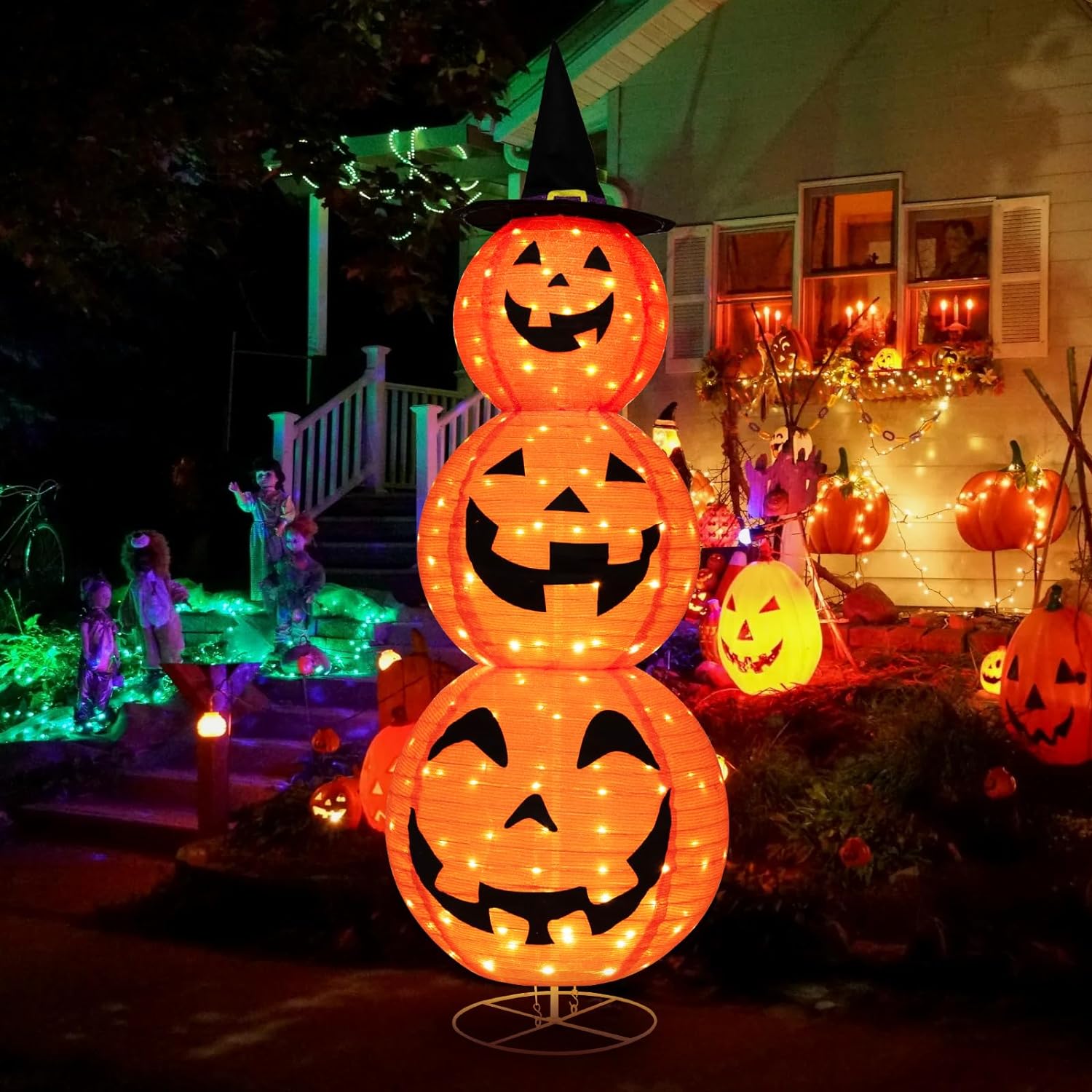 Tangkula 5 FT Halloween Lighted 3 Stacked Pumpkins, 3 Overlapped Pre-Lit Lighted Pumpkins with Hat, Pop up Jack-o-Lantern with Metal Stand for Indoor, Outdoor, Yard, Party, Home, Holiday Decor