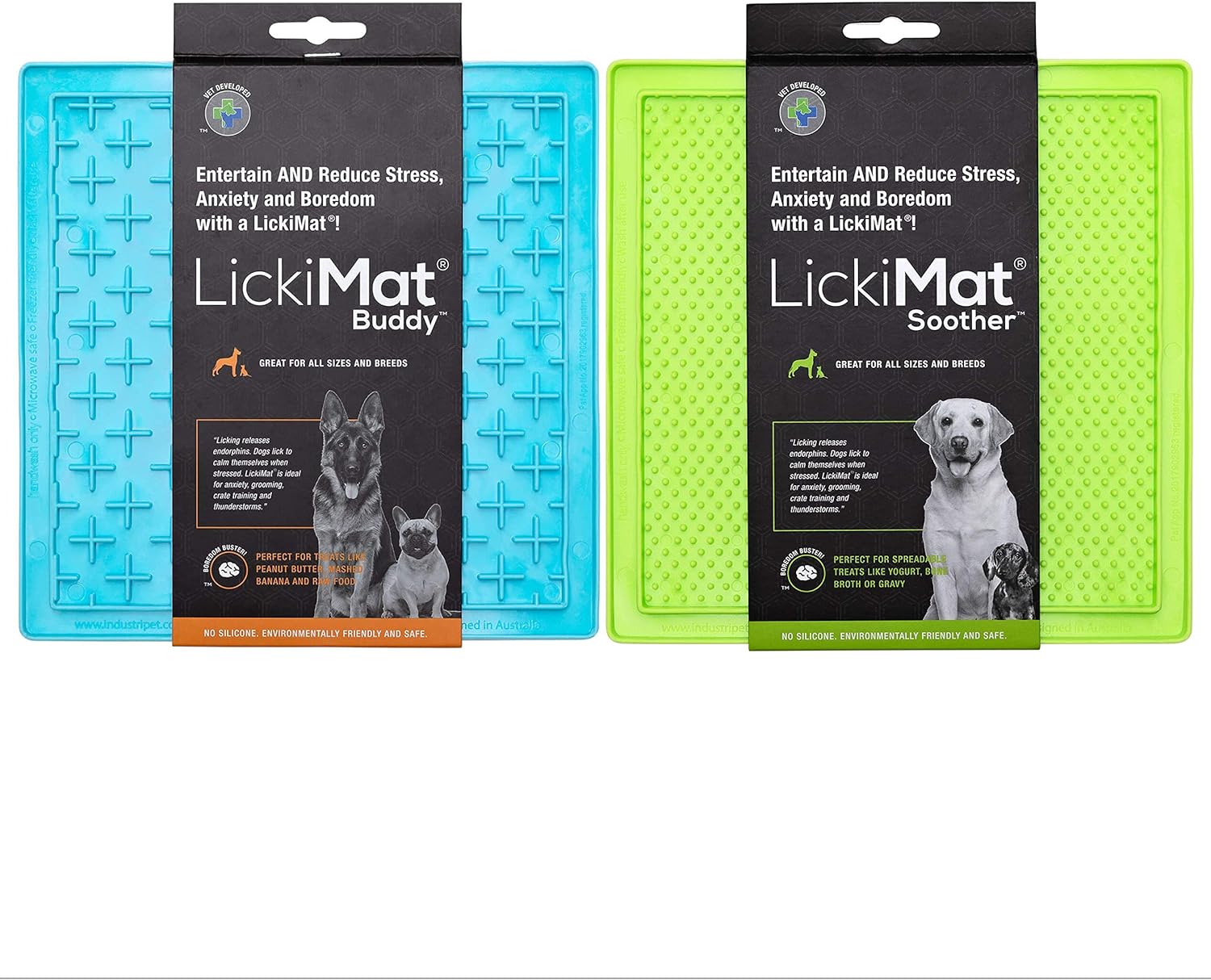 LickiMat 8X8 Pack of 2 Classic Soother & Buddy Dog Slow Feeders Lick Mat Boredom Anxiety Reduction Perfect for Food Treats Yogurt Peanut Butter Fun Alternative to Slow Feed Dog (Green & Turquoise)