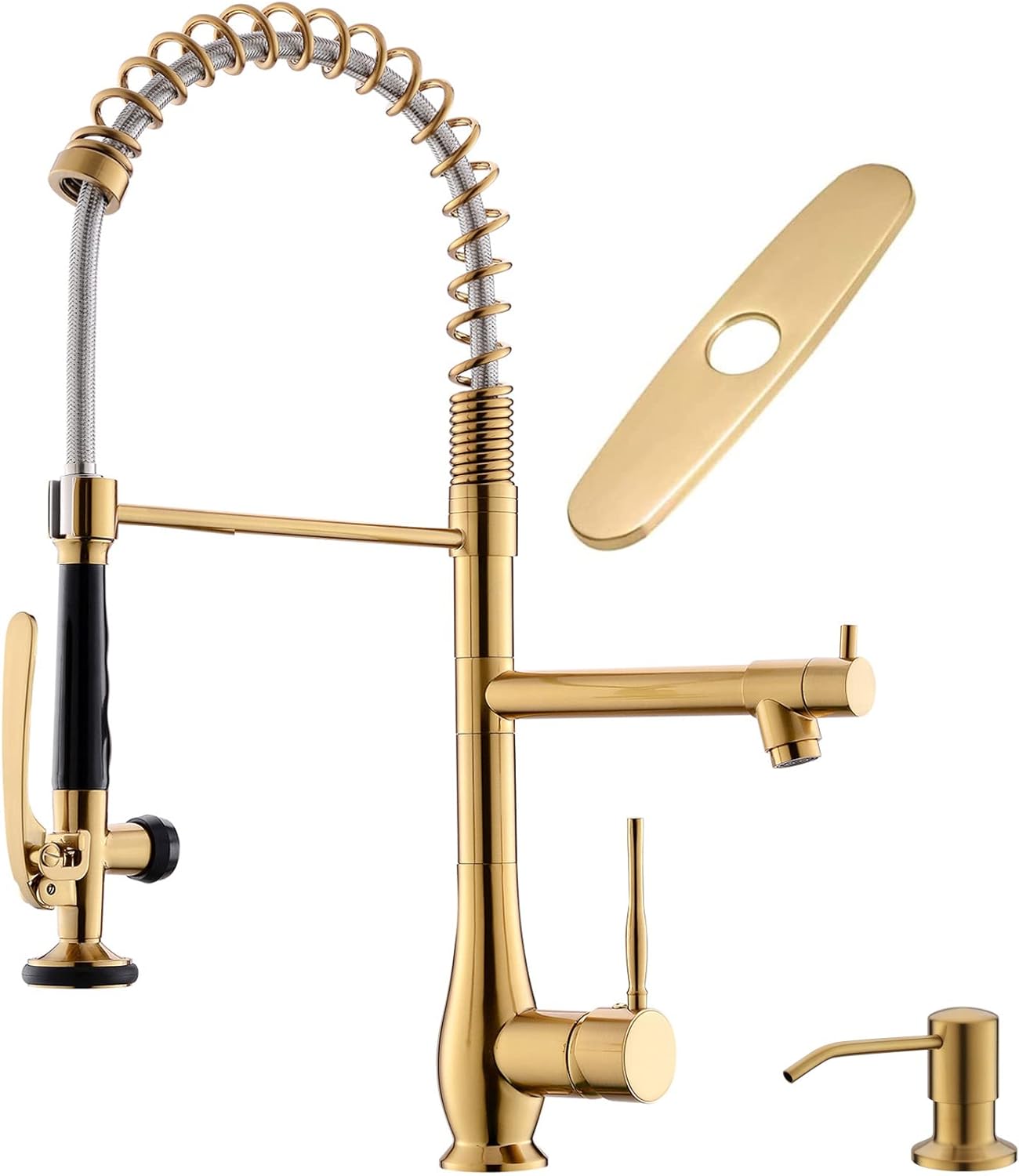 GIMILI Commercial Kitchen Faucet with Pull Down Sprayer, Double Headed Single Handle High Pressure Kitchen Faucet with Soap Dispenser Brushed Gold