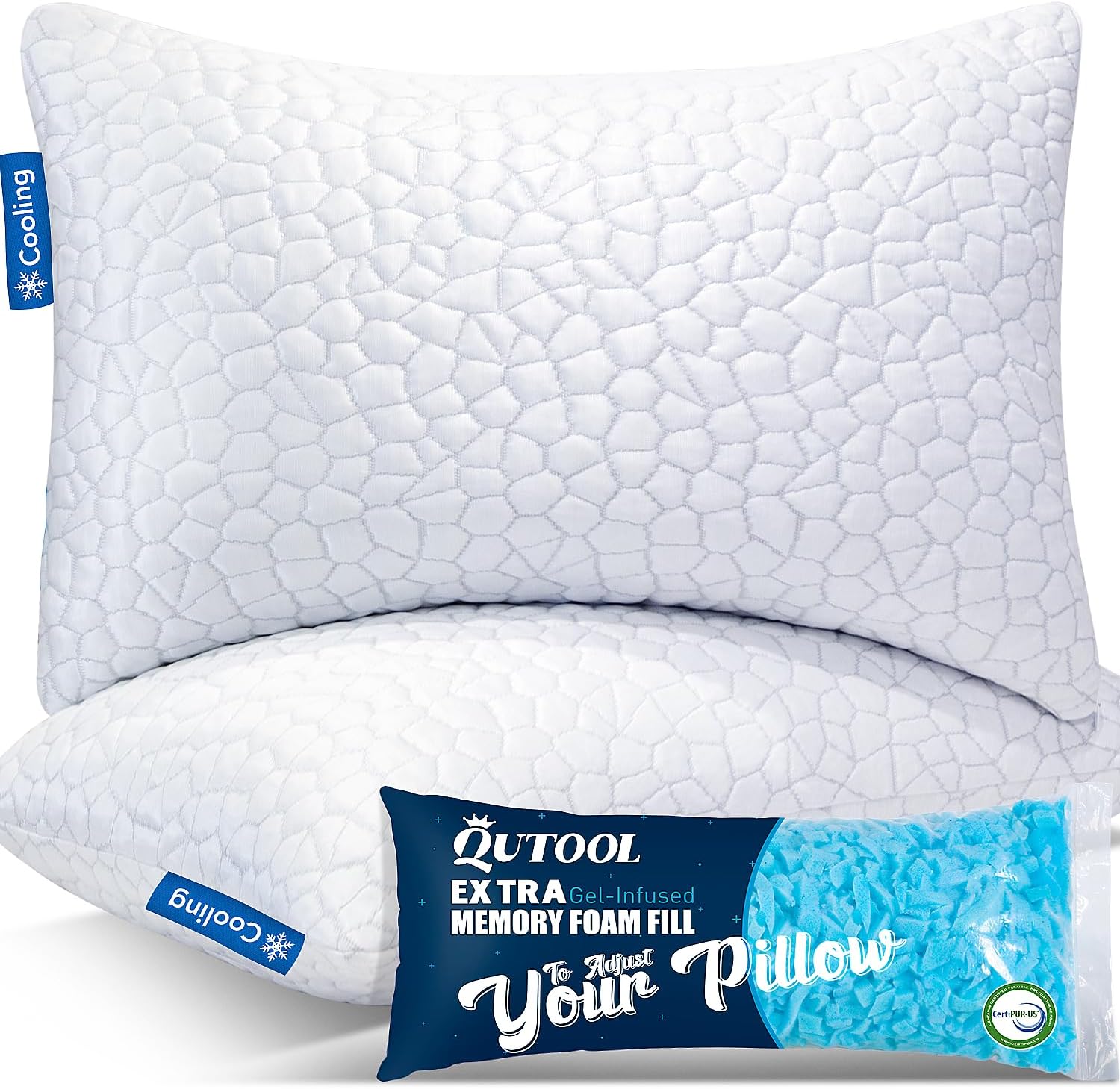 Cooling Gel Pillows for Sleeping, Shredded Memory Foam Pillows 2 Pack, Bed Pillows Queen Size Set of 2, Firm Pillow for Side and Back Sleepers Adjustable Bamboo Pillow with Cooling Removable Cover