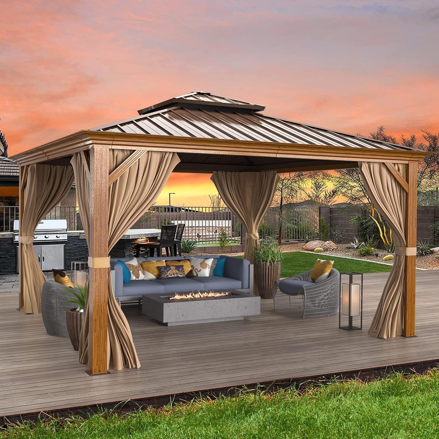 MELLCOM 12' x 12' Hardtop Gazebo, Wooden Finish Coated Aluminum Frame Gazebo with Galvanized Steel Double Roof, Brown Metal Gazebo with Curtains and Nettings for Patio, Lawn & Garden