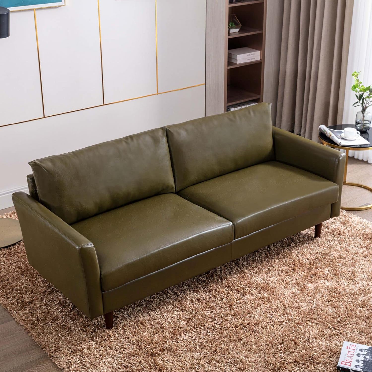 Dreamsir 80'' Faux Leather Sofa Couch, Mid-Century Modern Sofa with Solid Wooden Frame & Padded Cushions, 3-Seater Couch for Living Room, Apartment, Lounge Room (Green)