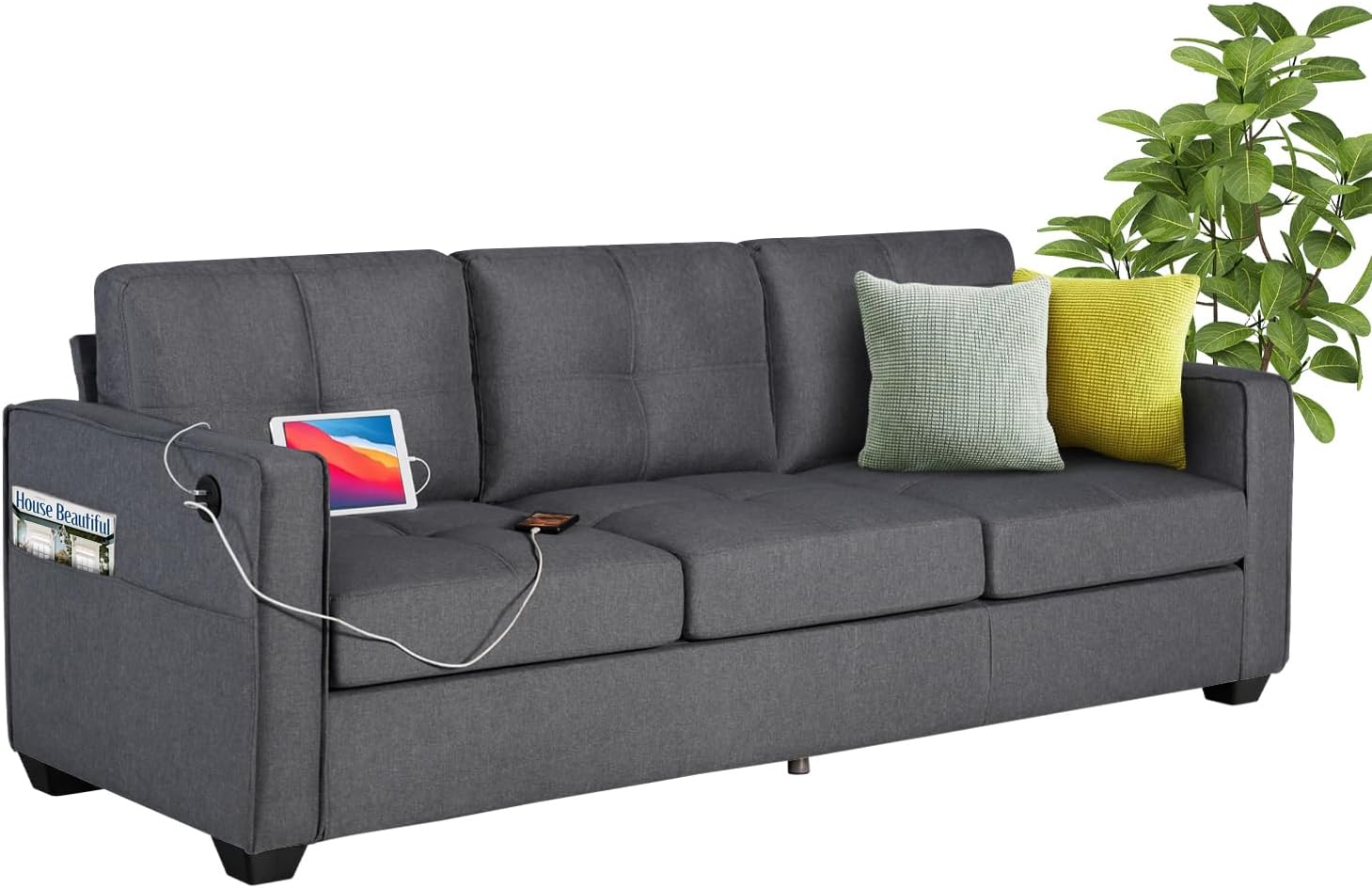 TYBOATLE 88 W Modern 3 Seater Sofa Couch, Fabric Linen Deep Seat Mid Century Couches w/ 2 USB Charging Ports and Upholstered Cushions, Comfy Sofas for Living Room, Bedroom, Apartment (Dark Gray)