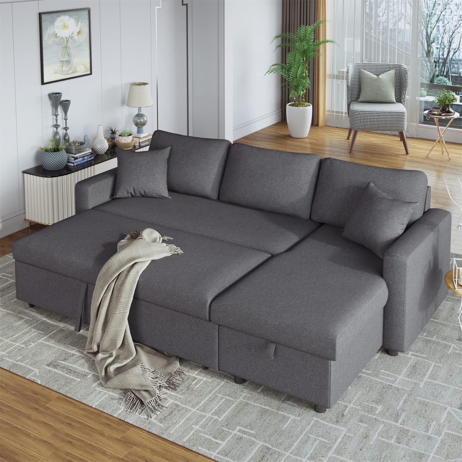 Polibi 87.4 Convertible Sleeper Sofa Bed with Pull-Out Design, Storage Chaise and 2 Tossing Cushions, L-Shape 3-Seats Sofa Couch for Living Room (Dark Grey)