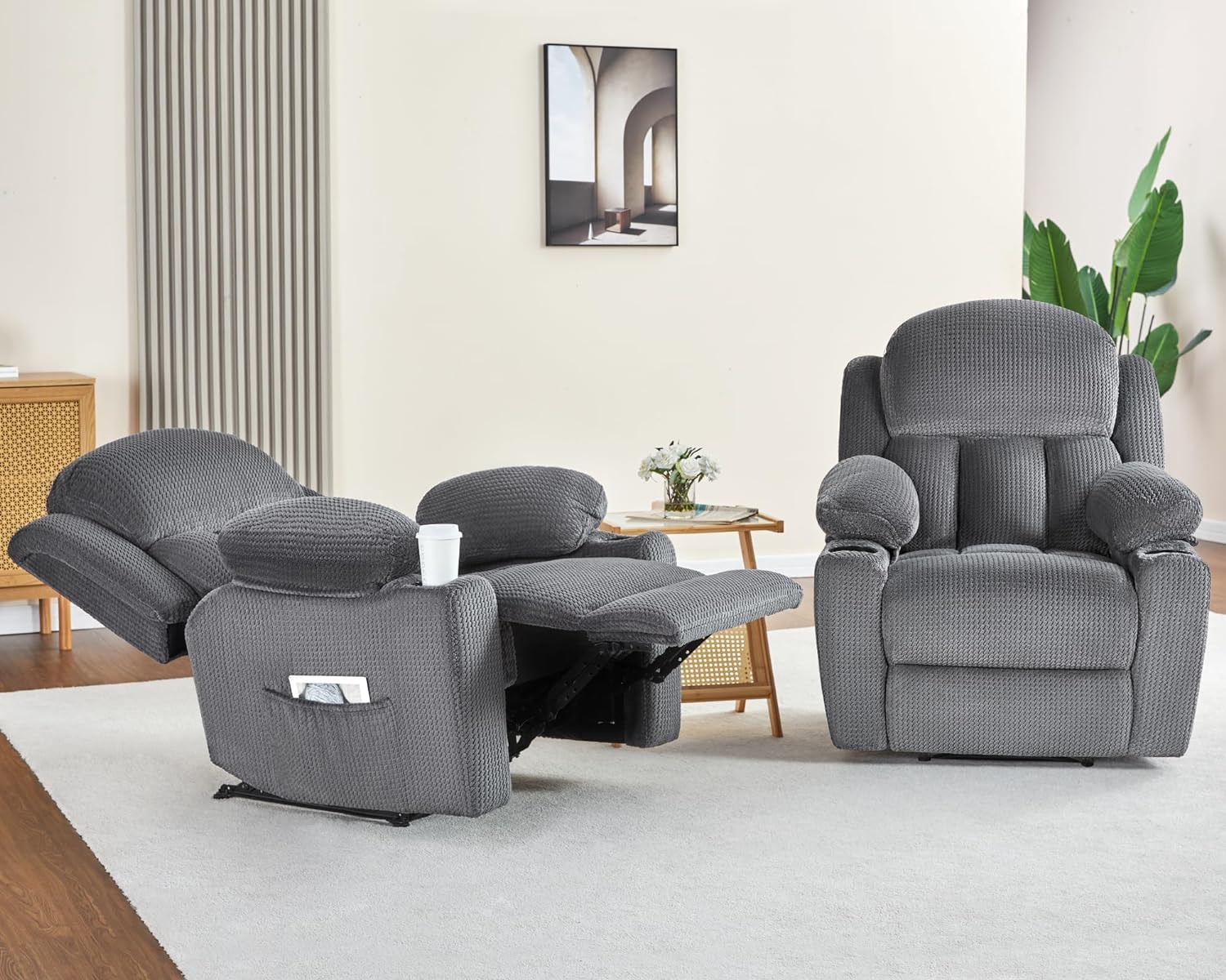 Recliner Chair Set, Sofa Recliner with Cup Holders for Living Room- Wingback Recliner Couch, Grey 2 Pieces Armchair Set