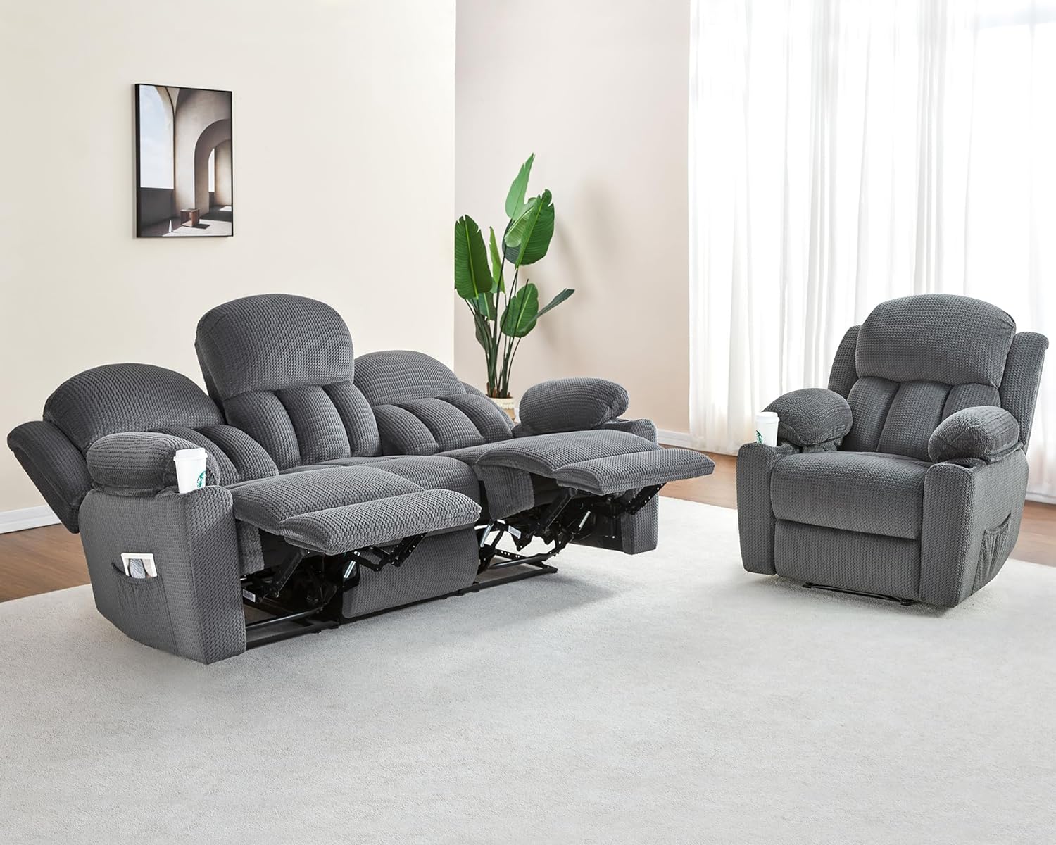 Recliner Couch, 3 Seater Sofa Recliner with Cup Holders for Living Room- 85 inch Comfy Couch with Dual Wingback Recliner and Chair, Grey Oversized 2 Pieces Recliner Set