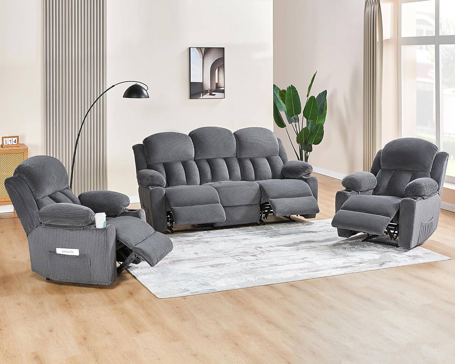 Recliner Couch, 3 Seater Sofa Recliner with Cup Holders for Living Room- 85 inch Comfy Couch with Dual Wingback Recliner and Chair, Grey Oversized 3 Pieces Recliner Set