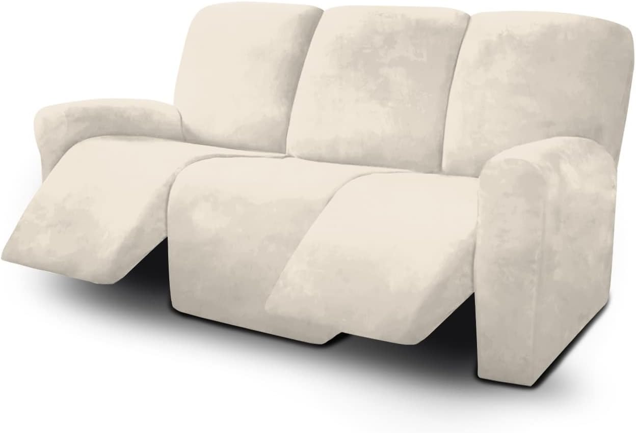 ULTICOR Velvet 8-Pieces Recliner Sofa Covers Stretch Reclining Couch Covers for 3 Cushion Reclining Sofa Slipcovers Furniture Covers Thick Soft Washable (3 Seater Recliner Cover, Ivory)