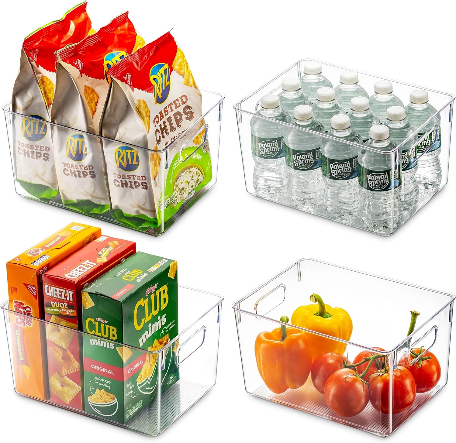 Set Of 4 Clear Pantry Organizer Bins Household Plastic Food Storage Basket with Cutout Handles for Kitchen, Countertops, Cabinets, Refrigerator, Freezer, Bedrooms, Bathrooms - 11 Wide