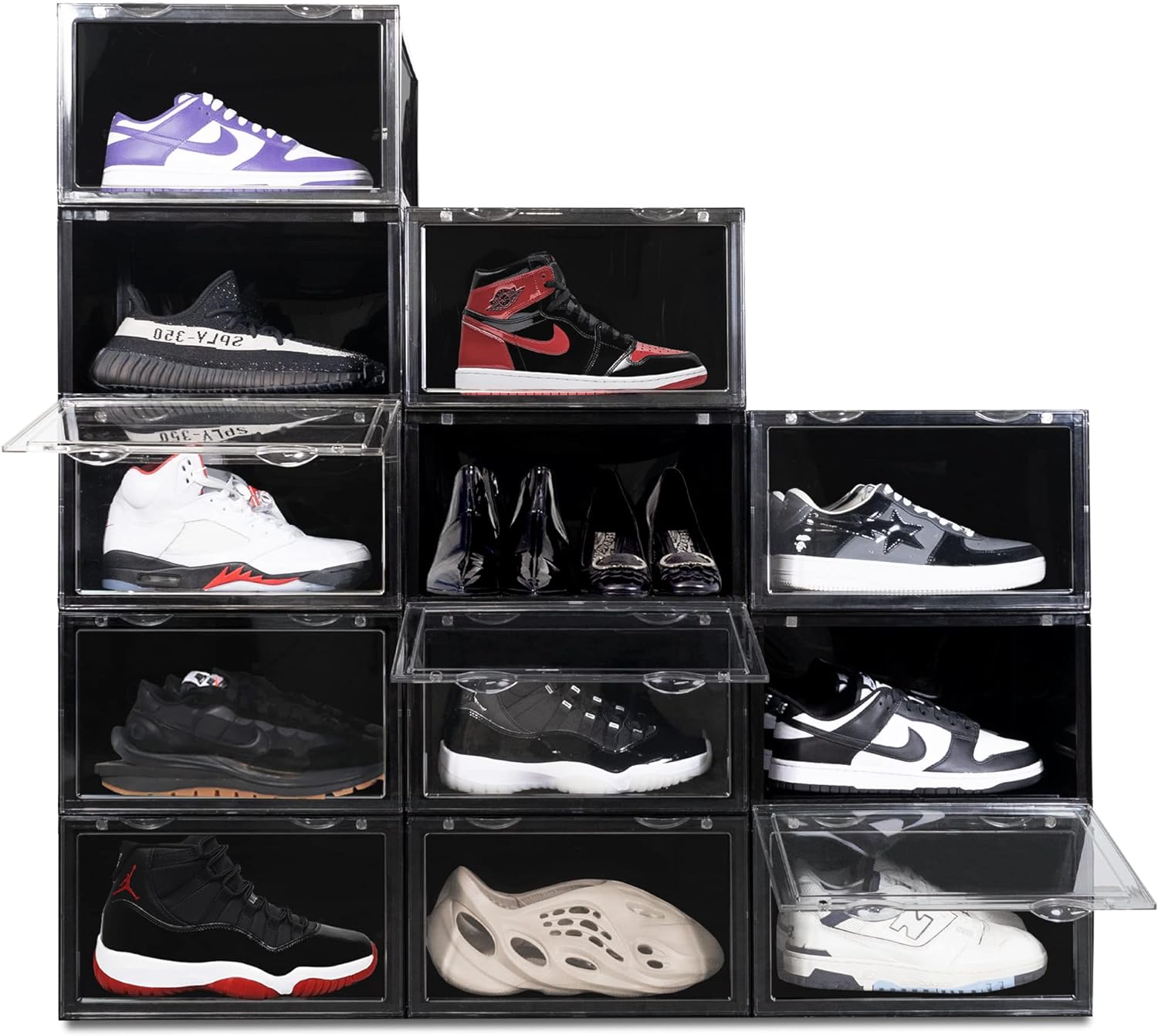 XL Shoe Storage Boxes  Foldable and Stackable Shoe Storage Organizer  Black Hard Plastic Big Shoe Storage Box For Up to Size 13  Acrylic Shoe Box for Jordan, Sneakers, Boots (Black, 12-Pack)