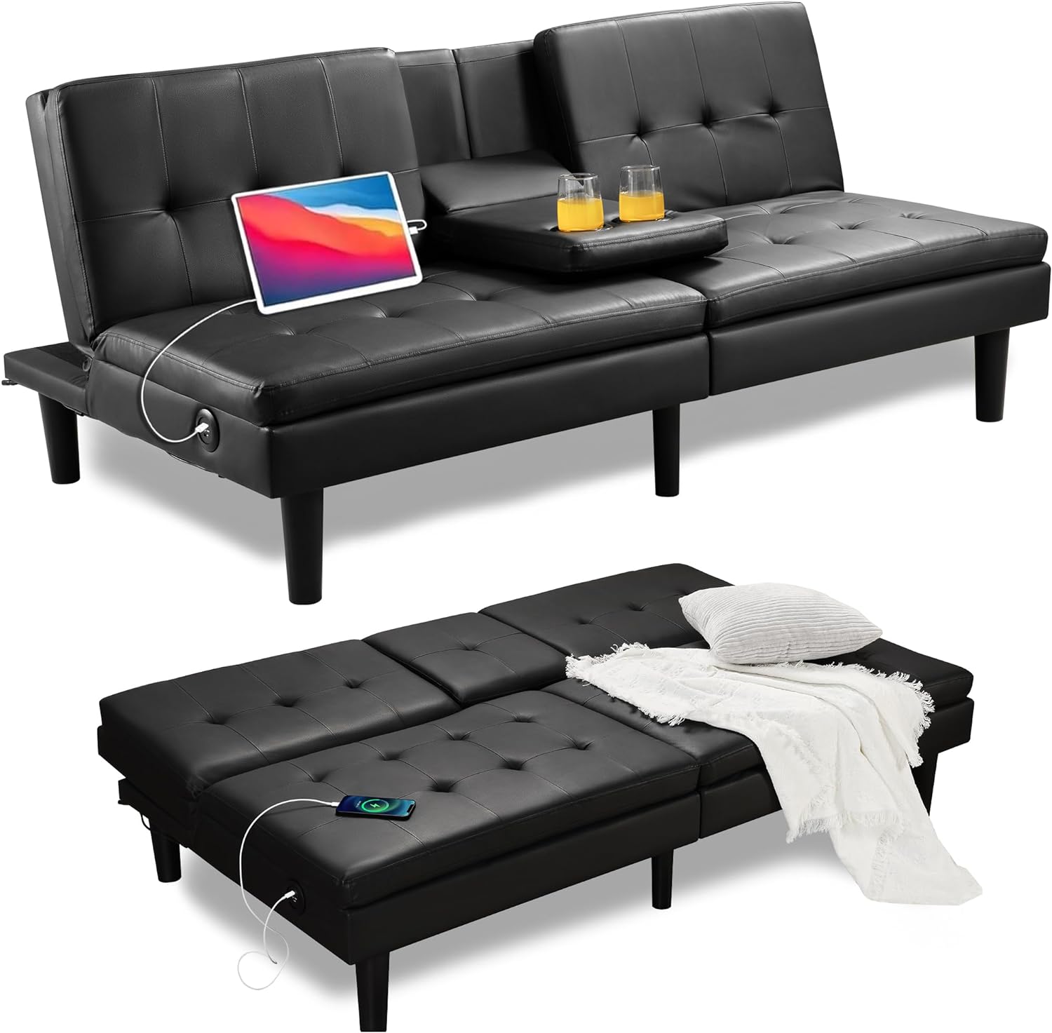 PrimeZone 69 W x 38 D x 29.5 H Futon Convertible Sofa Bed with USB & 2 Cupholders - Faux Leather Modern Memory Foam Sleeper Couch, Folding Loveseat for Apartment, Dorm, Office, Black