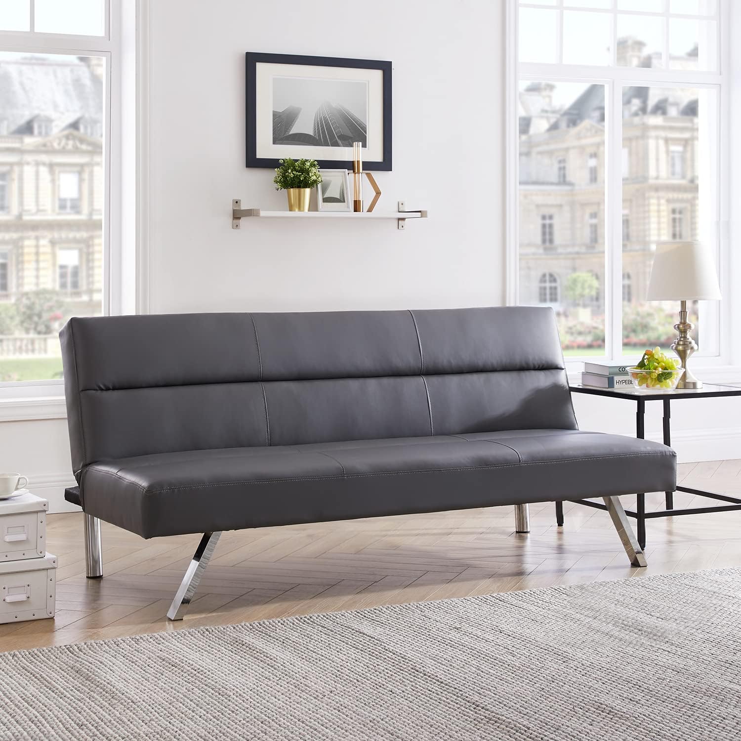 Naomi Home Zoe Futon Sofa Bed, Faux Leather Futon Couch, Modern Convertible Folding Sofa Bed Couch with Chrome Legs, Reclining Mini Couch, Leather Futon Small Couch for Bedroom Living Room Grey