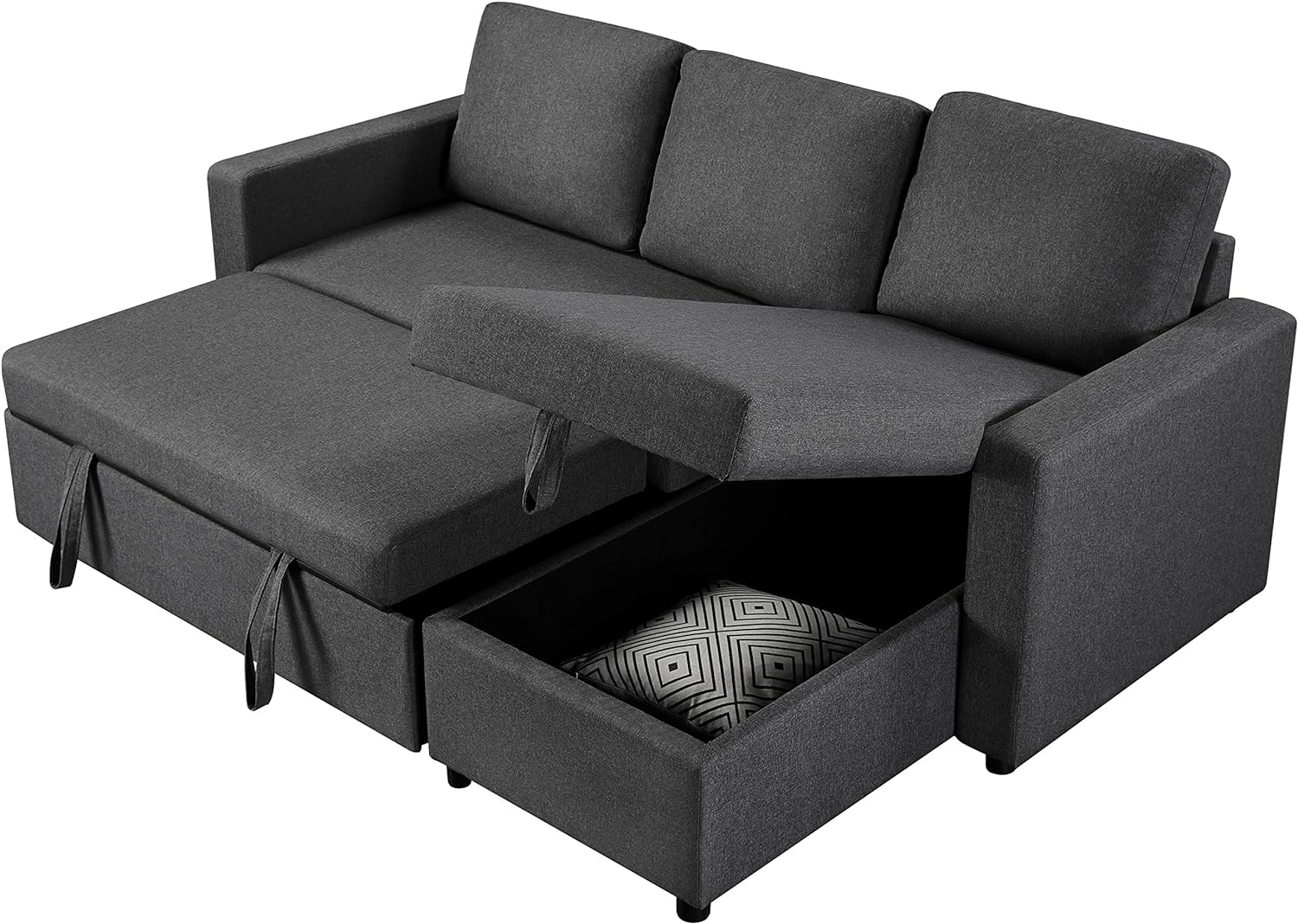 Yaheetech Sectional Sofa L-Shaped Bed w/Chaise, Reversible Couch Sleeper w/Pull Out Bed & Storage Space, 4-seat Fabric Convertible Sofa, Suitable for Living Room Dark Gray