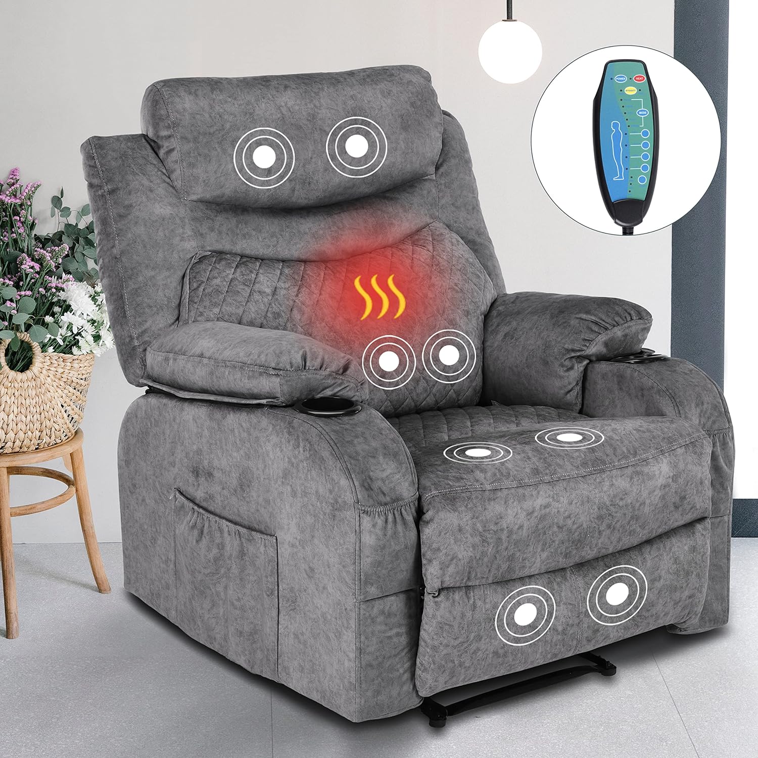 Oversized Massage Recliner Chairs with Heat Comfortable Overstuffed Manual Recliners Fabric Reclining Chairs with Cup Holders, Home Theater Massaging Recliner Lounge Chair (Grey 300lbs)