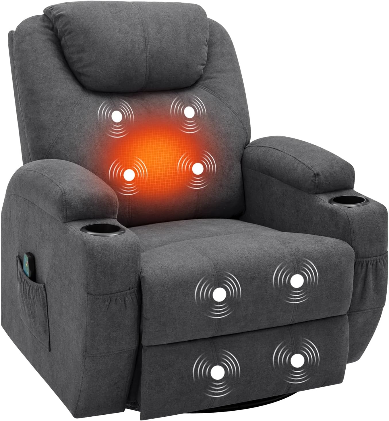 YESHOMY Swivel Rocker Recliner with Massage and Heating Functions, Sofa Chair with Remote Control and Two Cup Holders, Suitable for Living Room, Soft Cotton Fabric, Light Gray