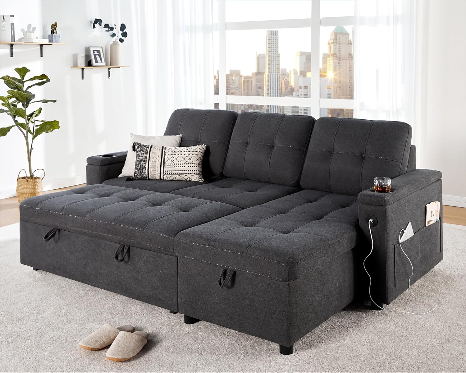 Sofa Bed, Modern Tufted Convertible Sleeper Sofa, USB Charging Ports & Cup Holders, Pull Out Couch Bed with Storage Chaise, Linen Couches for Living Room (Dark Grey)