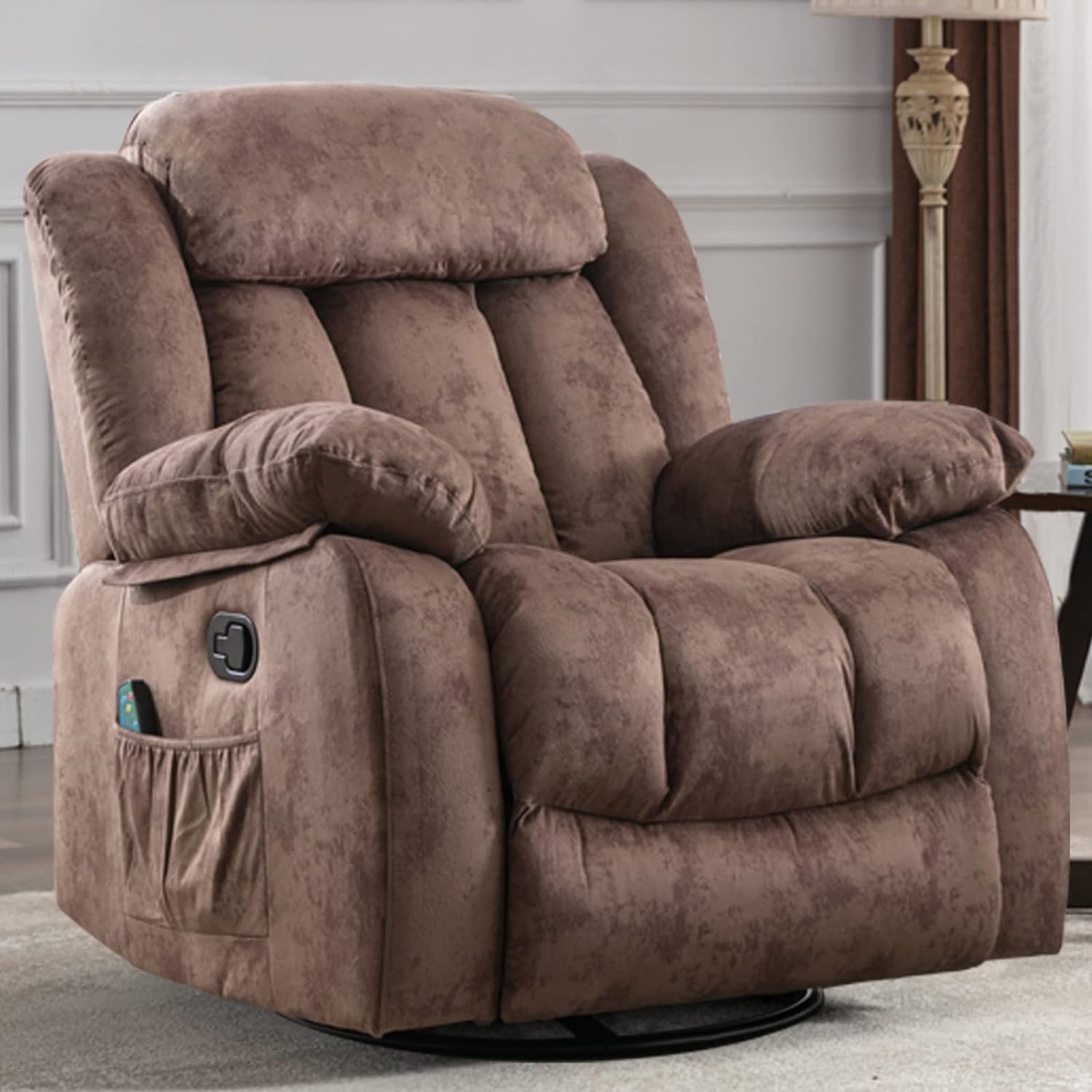 INZOY Rocker Recliner with Heat and Vibration, Manual Swivel Rocking Recliner Chair with Vibrating Massage, Comfy Padded Overstuffed Soft Fabric Heated Recliner (Brown)