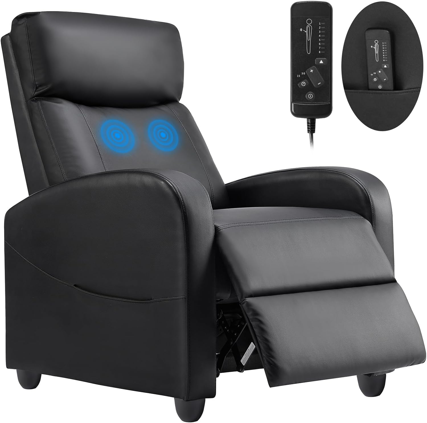 Recliner Chair Massage Reclining for Adults, Comfortable PU Leather Recliner Sofa Adjustable Home Theater Seating Lounge with Padded Seat Backrest, Small Recliners for Living Room (Black)