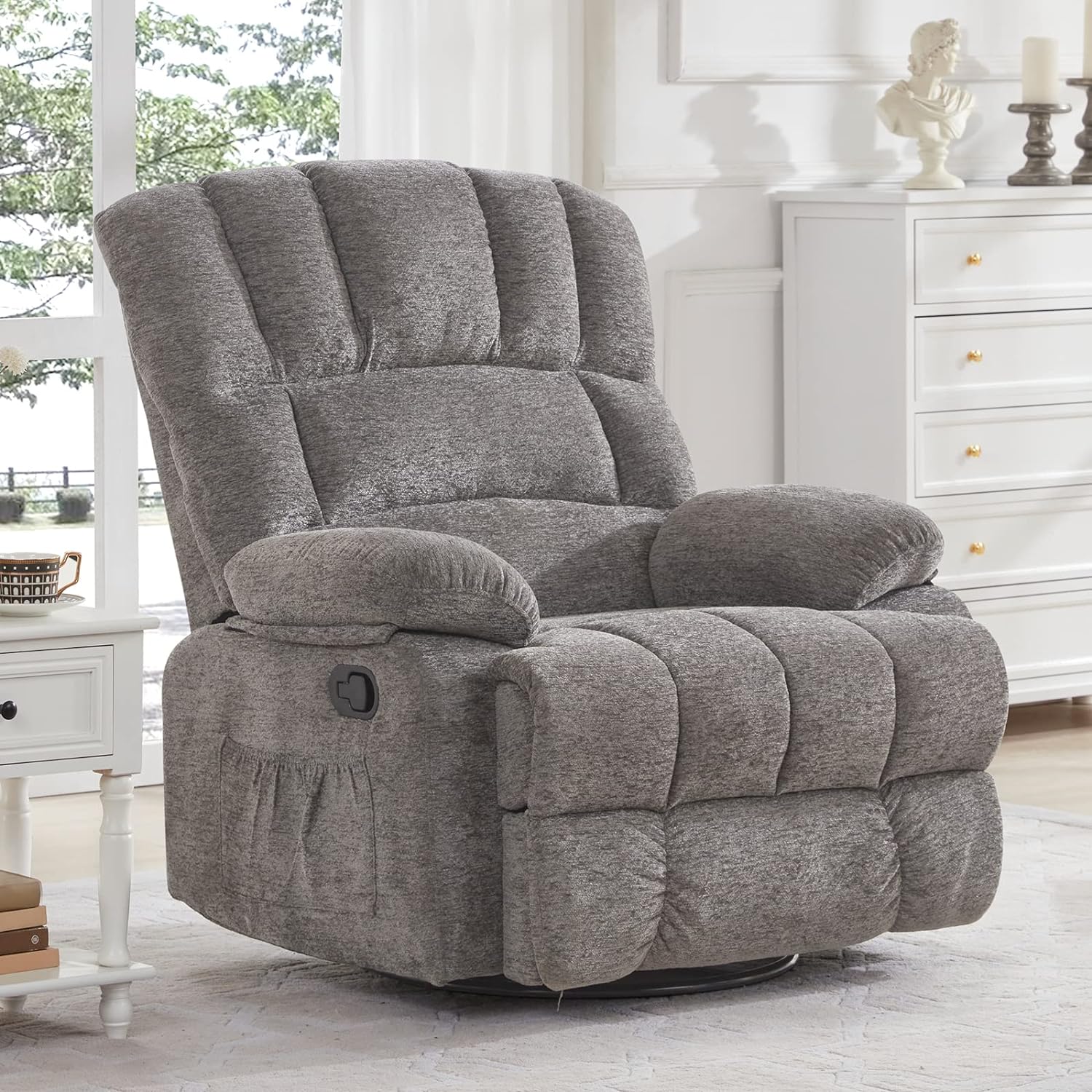 Dreamsir Oversized Rocker Recliner Chair for Adults, Ergonomic Glider 360 Degree Swivel Chair, Overstuffed Manual Rocking Recliner for Living Room, Theater Seating Single Sofa Chair, Grey