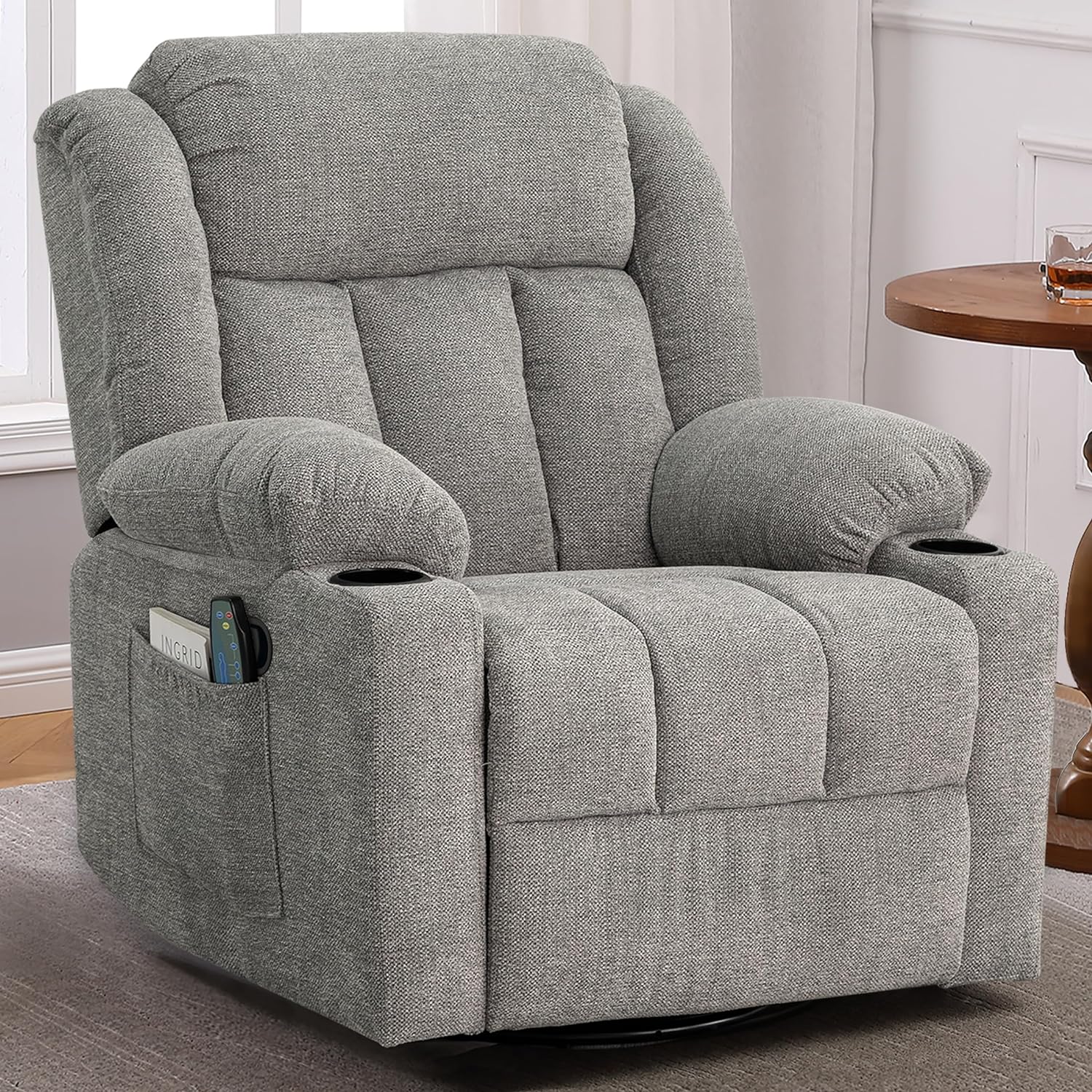 Rocker Recliner Chair for Adults, Overstuffed Large Manual Recliner Swivel Glider with Massage and Heat, Upholstered Soft Fabric Living Room Reclining Sofa Chair (Lime Gray)