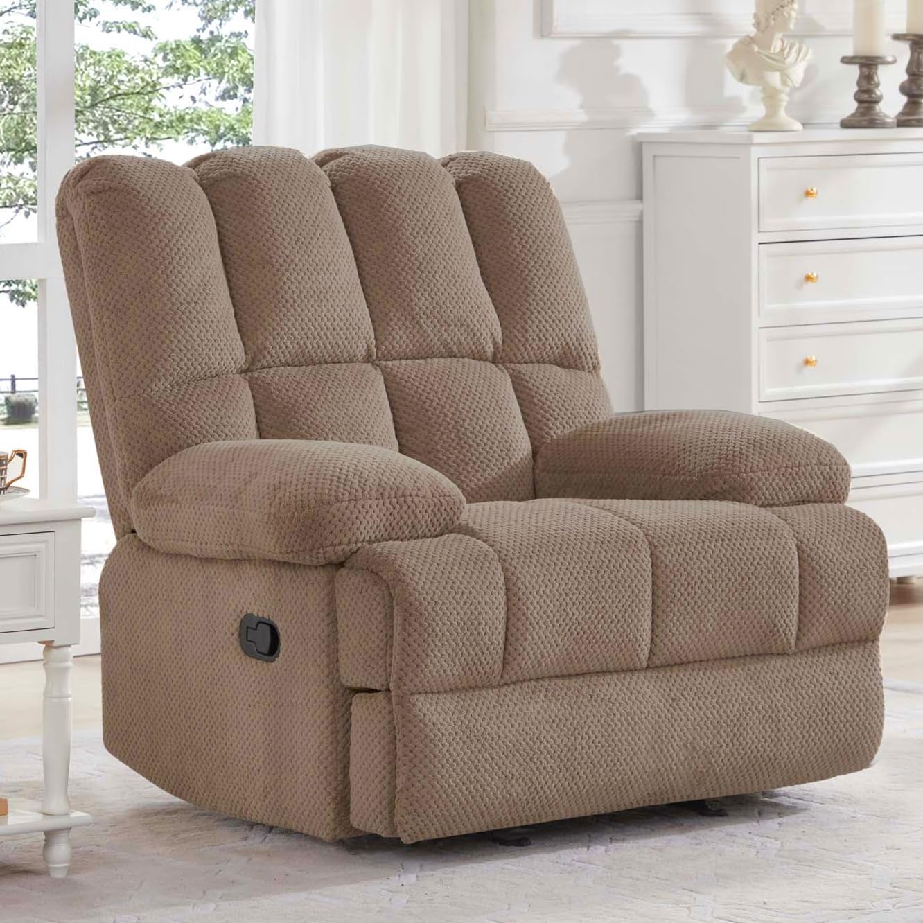 Dreamsir Oversized Rocker Recliner Chair, Manual Recliner Single Sofa Couch, Soft Fabric Overstuffed Rocking Chair for Living Room, Theater Seating for Big Man, Khaki