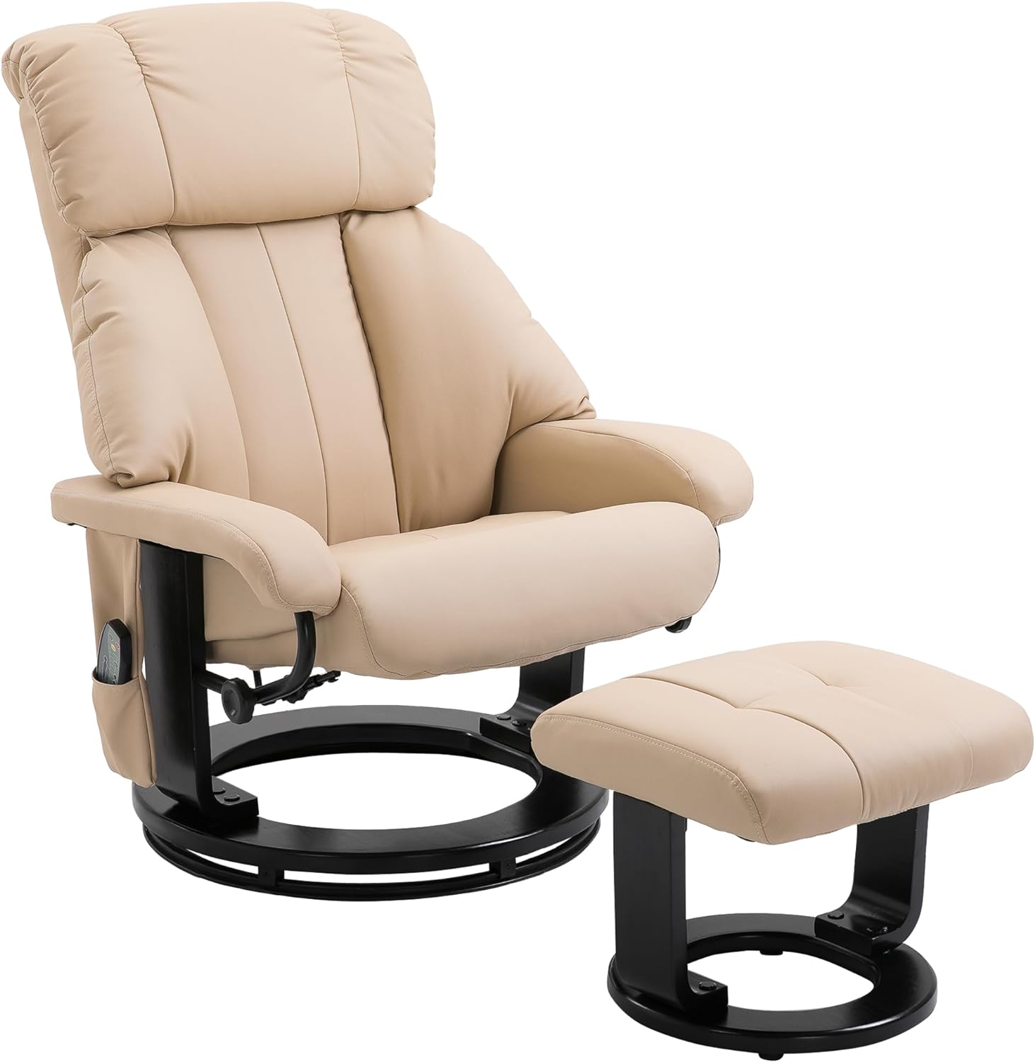 HOMCOM Massage Recliner Chair with Ottoman, 360 Swivel Recliner and Footstool, PU Leather Reclining Chair with Side Pocket and Remote Control, Beige