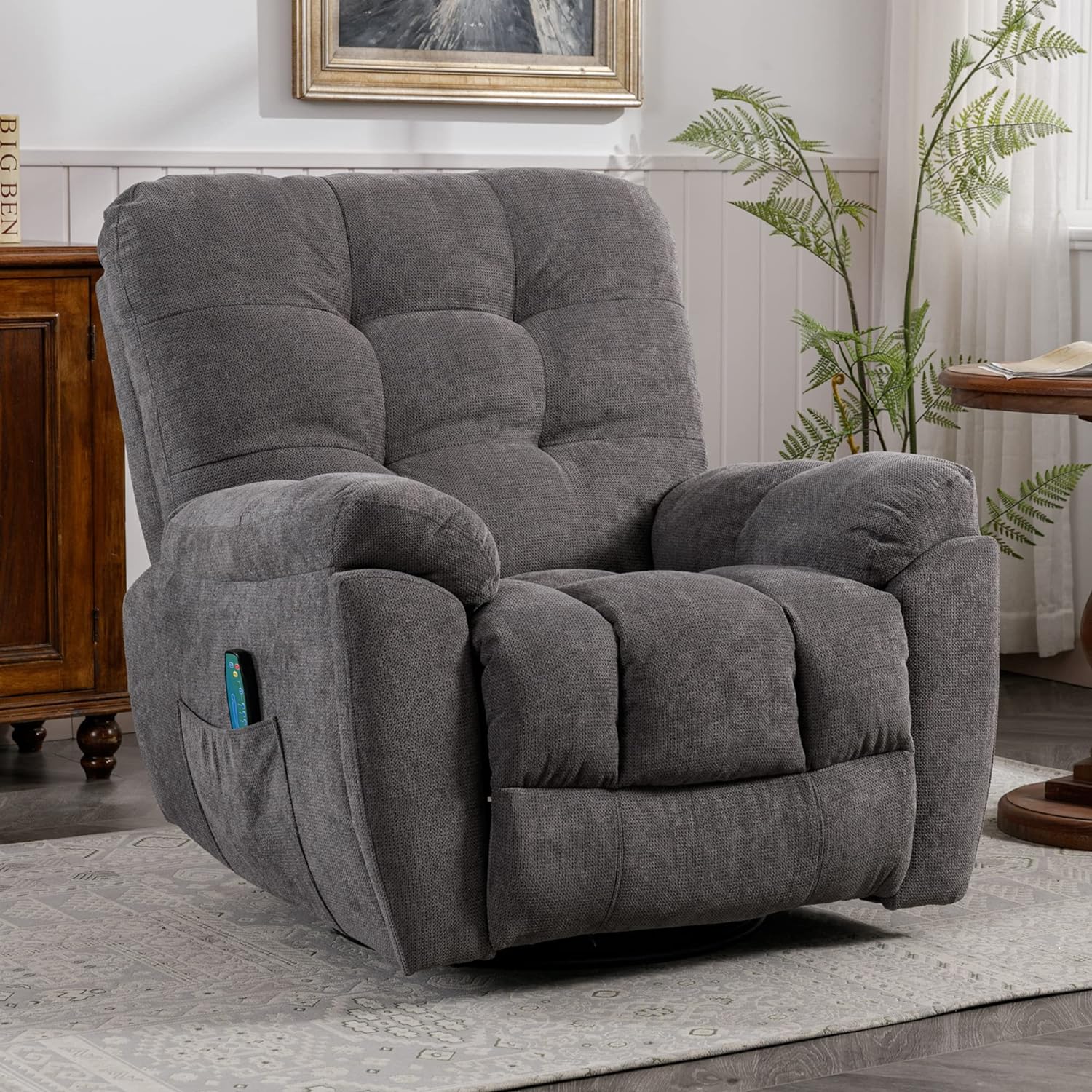 Big and Tall Recliner Chair with Vibration Massage Swivel Rocker Recliner Chair with USB Charge Port and 2 Hidden Cup Holders