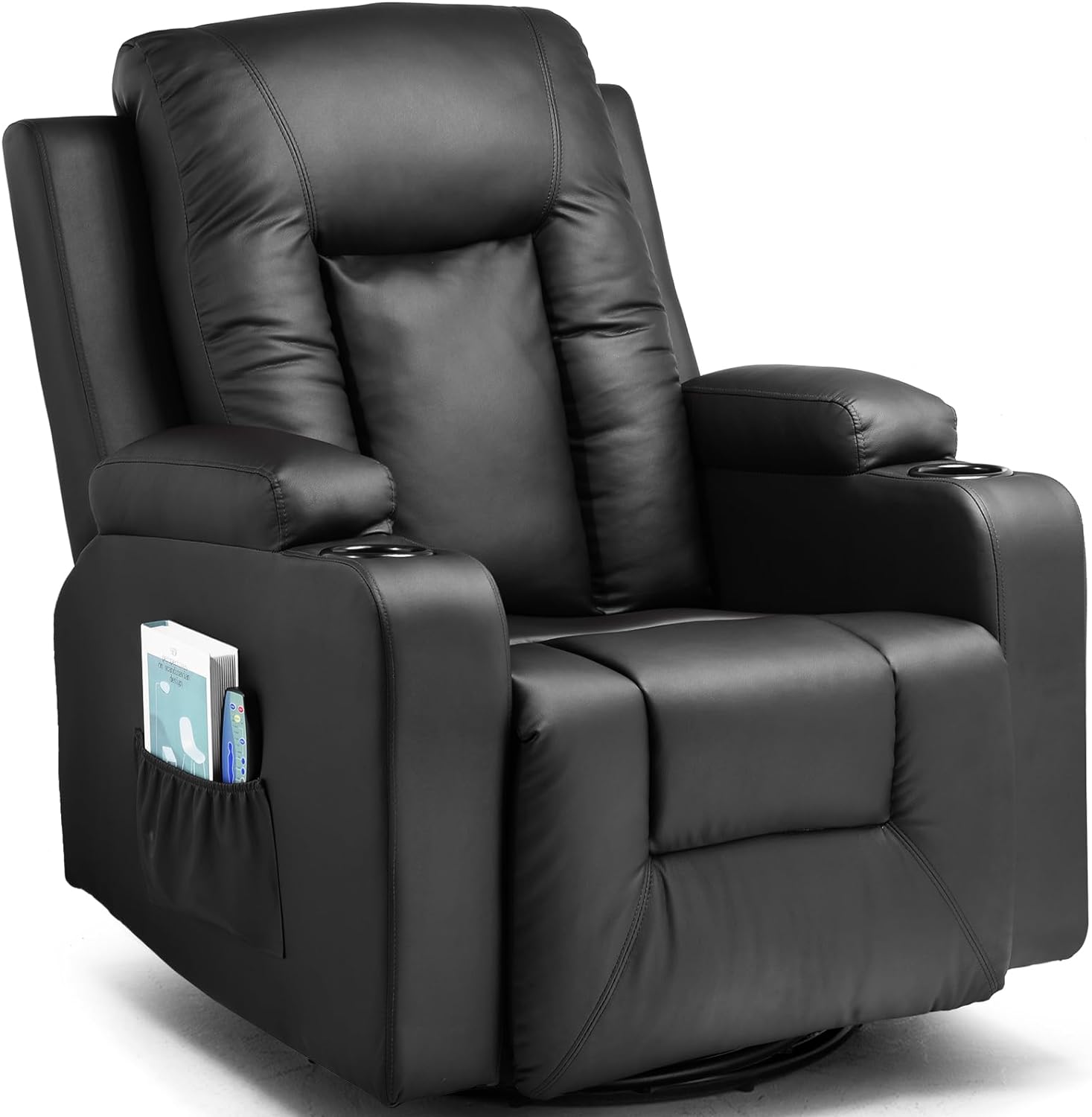 COMHOMA Leather Recliner Chair Modern Rocker with Heated Massage Ergonomic Lounge 360 Degree Swivel Single Sofa Seat with Drink Holders Living Room Chair (Black)