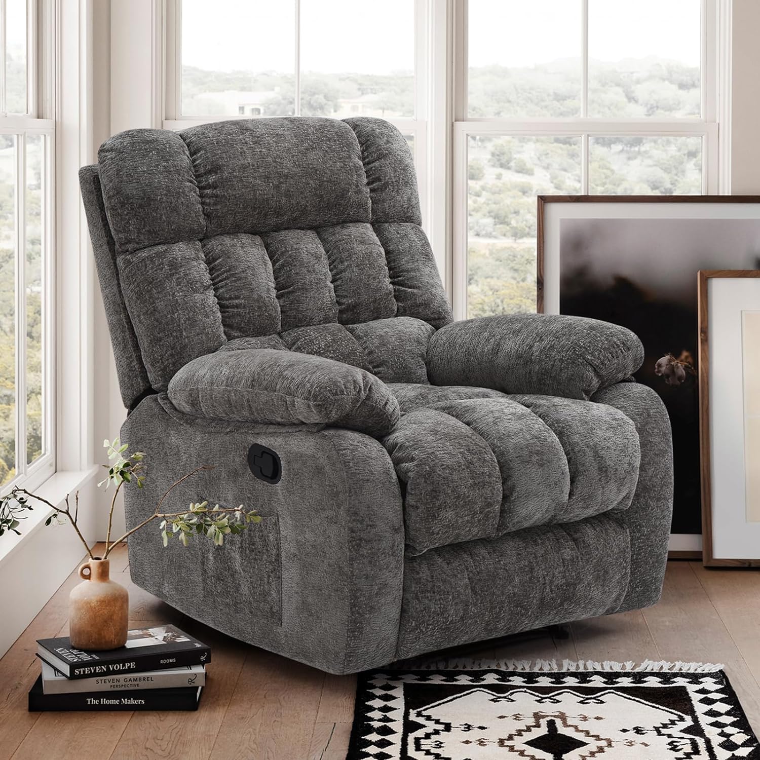 110-160 Adjustable Ergonomic Rocker Chair with Footrest, Chenille Recliner Sofa with Side Pocket for Living Room, Grey