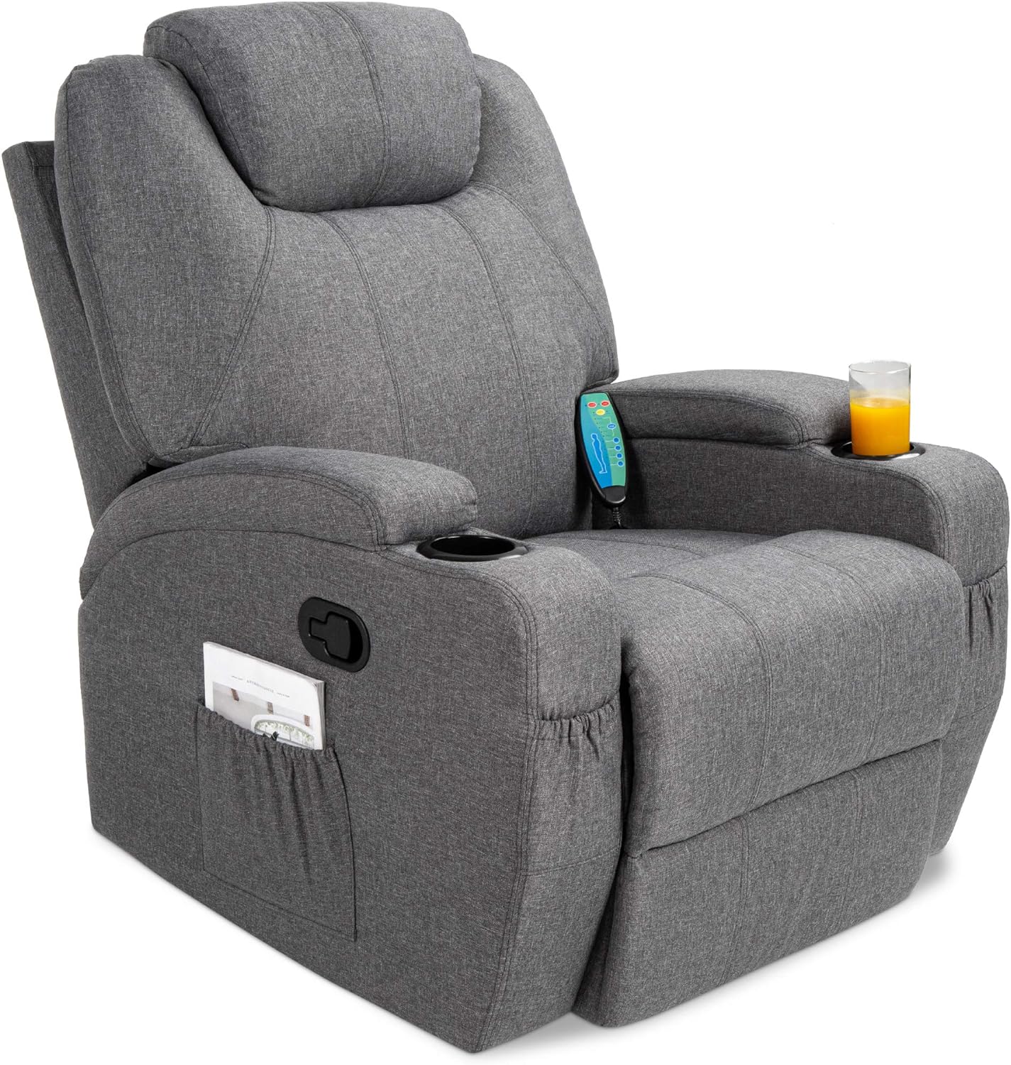 Best Choice Products Executive Linen Fabric Swivel Electric Massage Recliner Chair w/Remote Control, 5 Heat & Vibration Modes, 2 Cup Holders, 4 Pockets - Gray