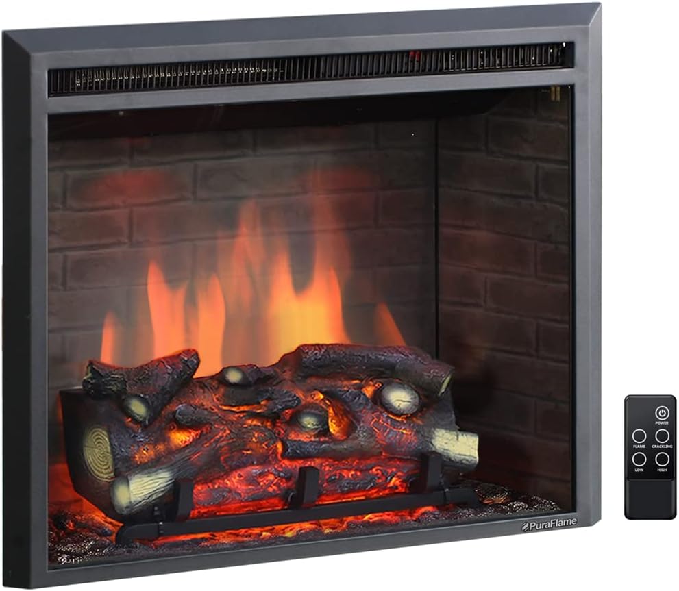 PuraFlame Western Electric Fireplace Insert with Fire Crackling Sound, Remote Control, 750/1500W, Black, 25 63/64 Inches Wide, 23 3/16 Inches High