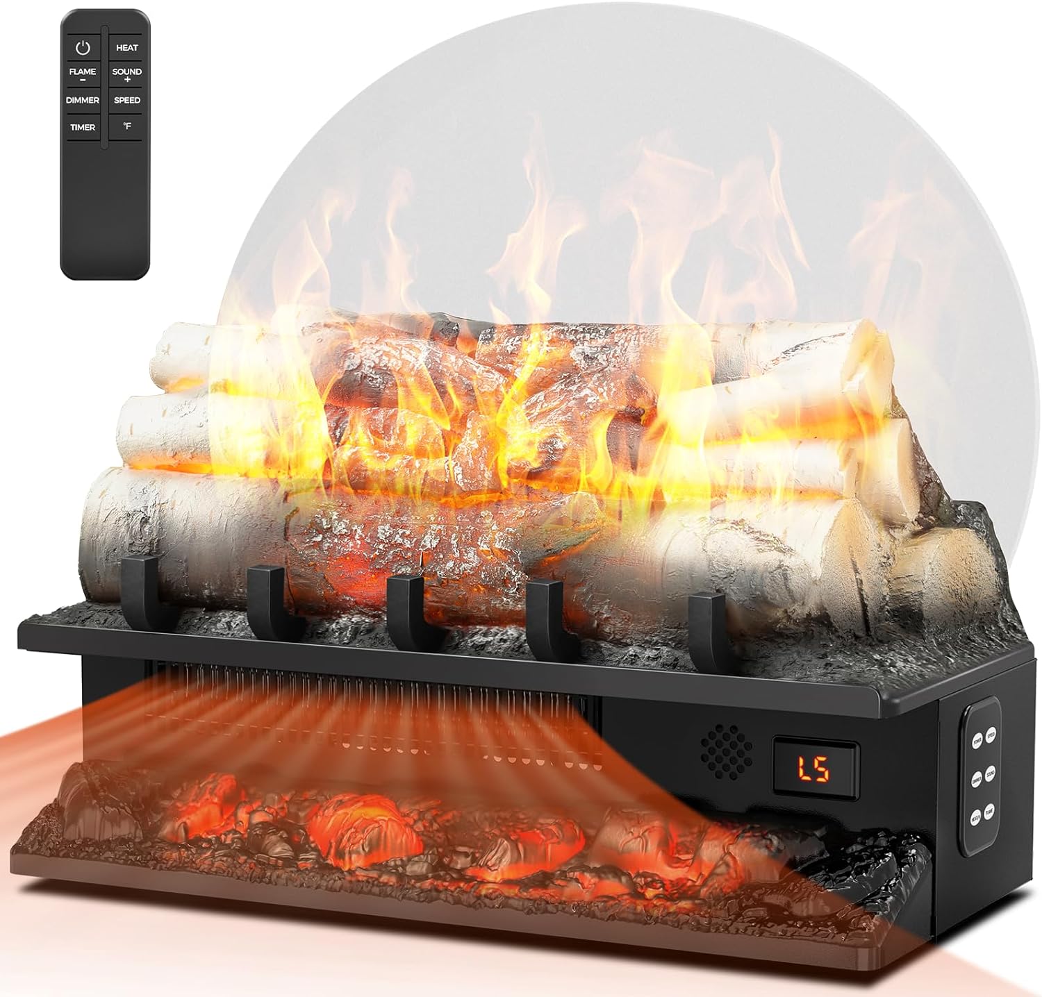 Joy Pebble Electric Fireplace Log Heater 750W/1500W, 20 Electric Fireplace Insert Log Set, Adjustable 5 Flame Brightness&Speed,4 Sound of Flame,Remote Control&8H Timer for Home Room