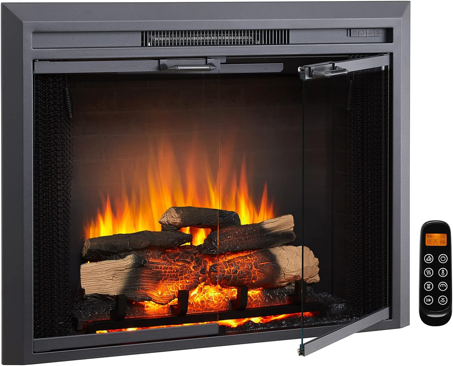 LegendFlame Damon 35 W Electric Fireplace Insert with Glass Door and Mesh Screen (EF264B), Fireplace Heater 750/1500W, Fire Crackling Sound, Remote Control.