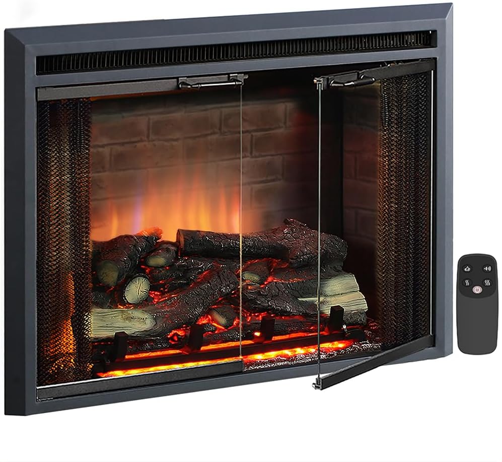 PuraFlame Klaus Electric Fireplace Insert with Fire Crackling Sound, Glass Door and Mesh Screen, 750/1500W, Black, 29 15/16 Inches Wide, 23 3/16 Inches High