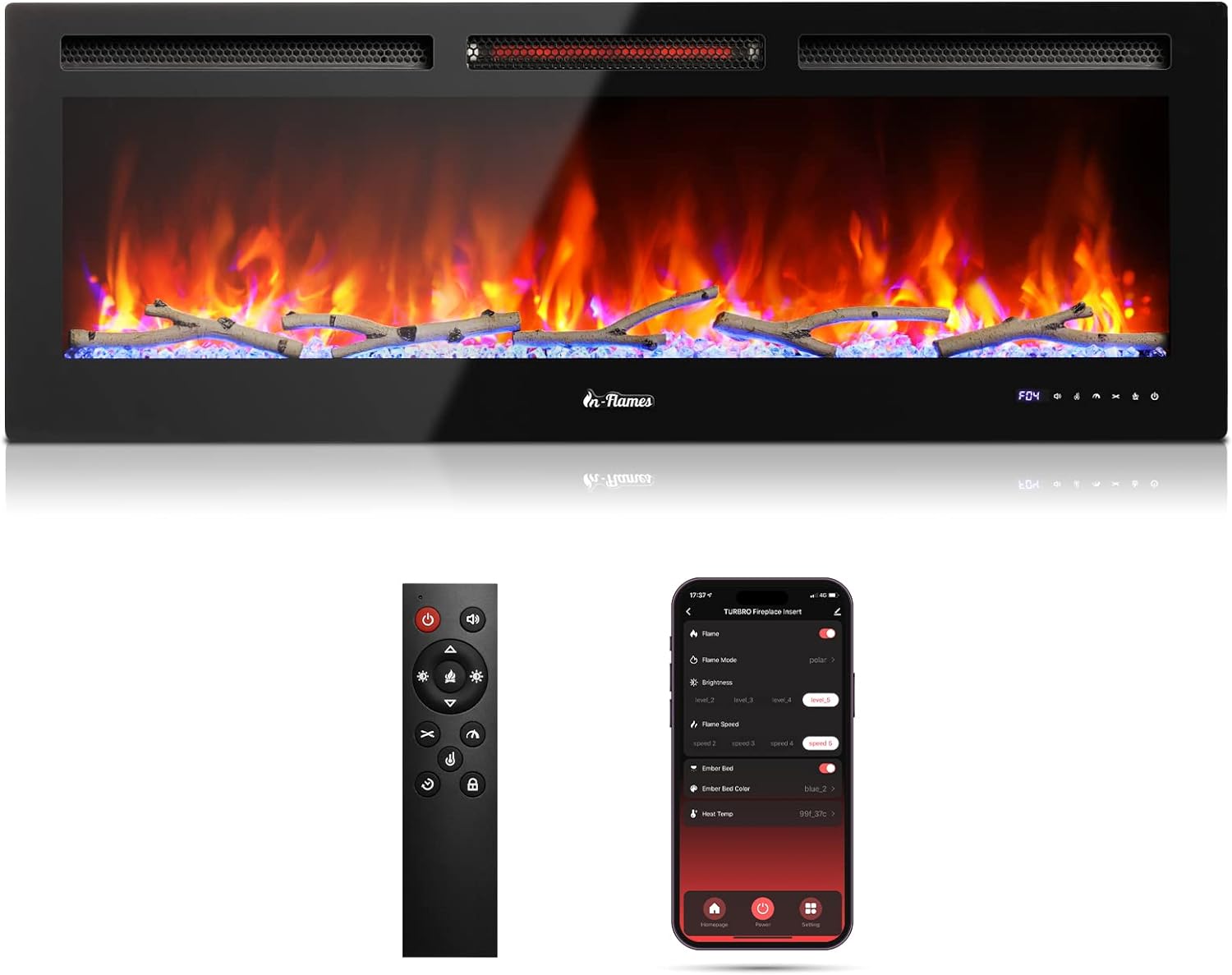 TURBRO 50 Smart WiFi Infrared Electric Fireplace with Sound Crackling and Realistic Flame, 1500W Quartz Heater, Recessed or Wall Mounted, Adjustable Flame Effects, Remote Control and App, in Flames