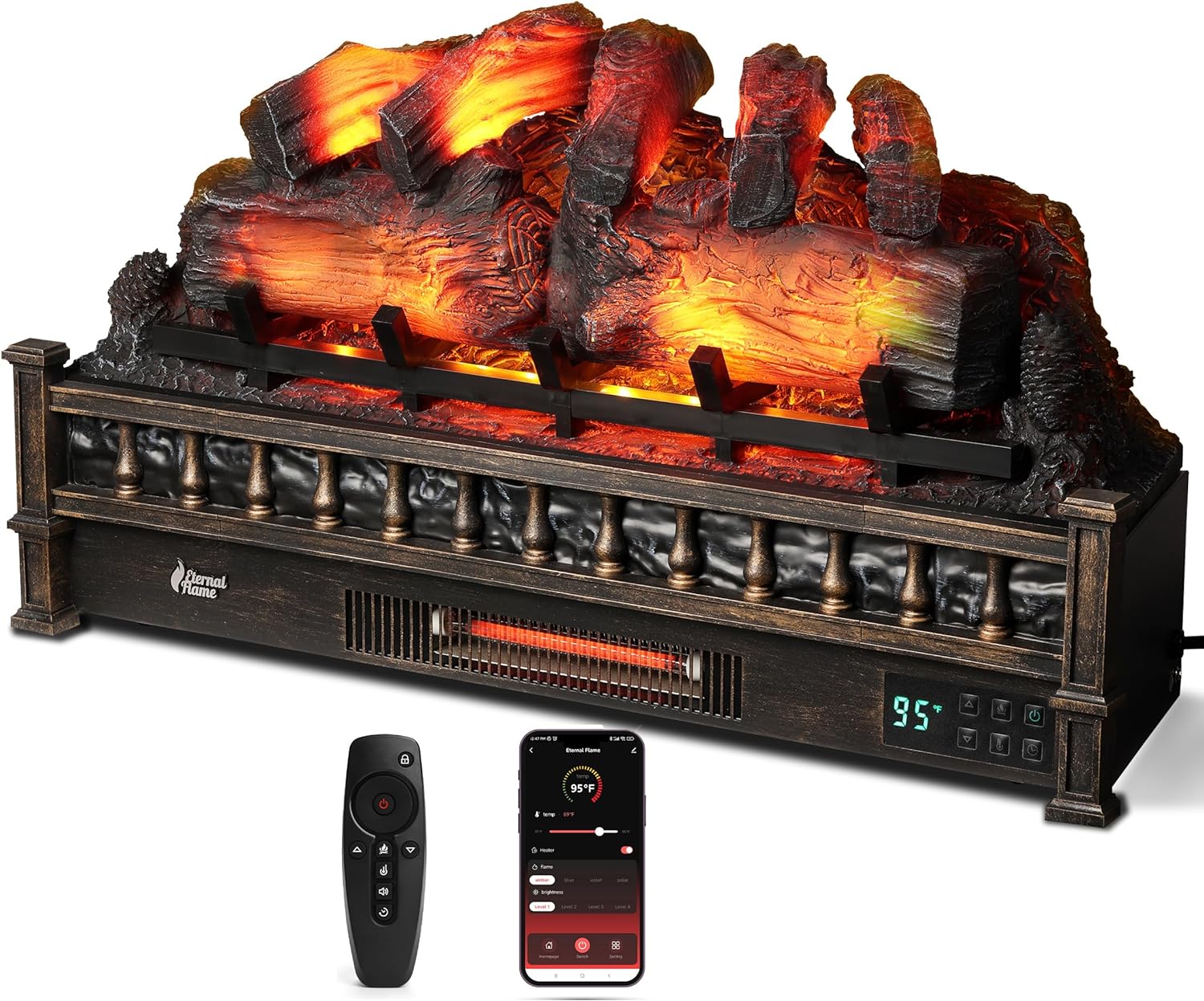 TURBRO Eternal Flame 30 in. WiFi Infrared Quartz Electric Fireplace Log Heater with Sound Crackling, Realistic Pinewood Logs, Adjustable Flame Colors, Remote Control, Thermostat, Timer, 1500W, Bronze