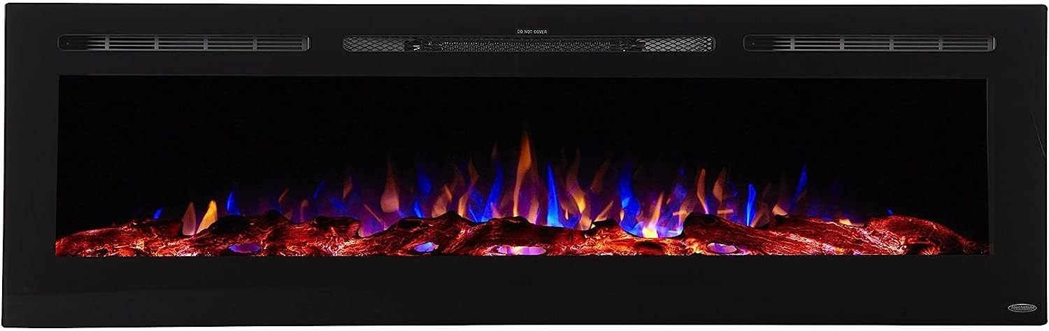 Touchstone Smart Electric Fireplace-The Sideline 72 Inch Wide-in Wall Recessed-30 Realistic Ember Color/Flame Options-1500W Heater w/Thermostat-Black-Log & Crystal Hearth Options -Alexa/WiFi Enabled