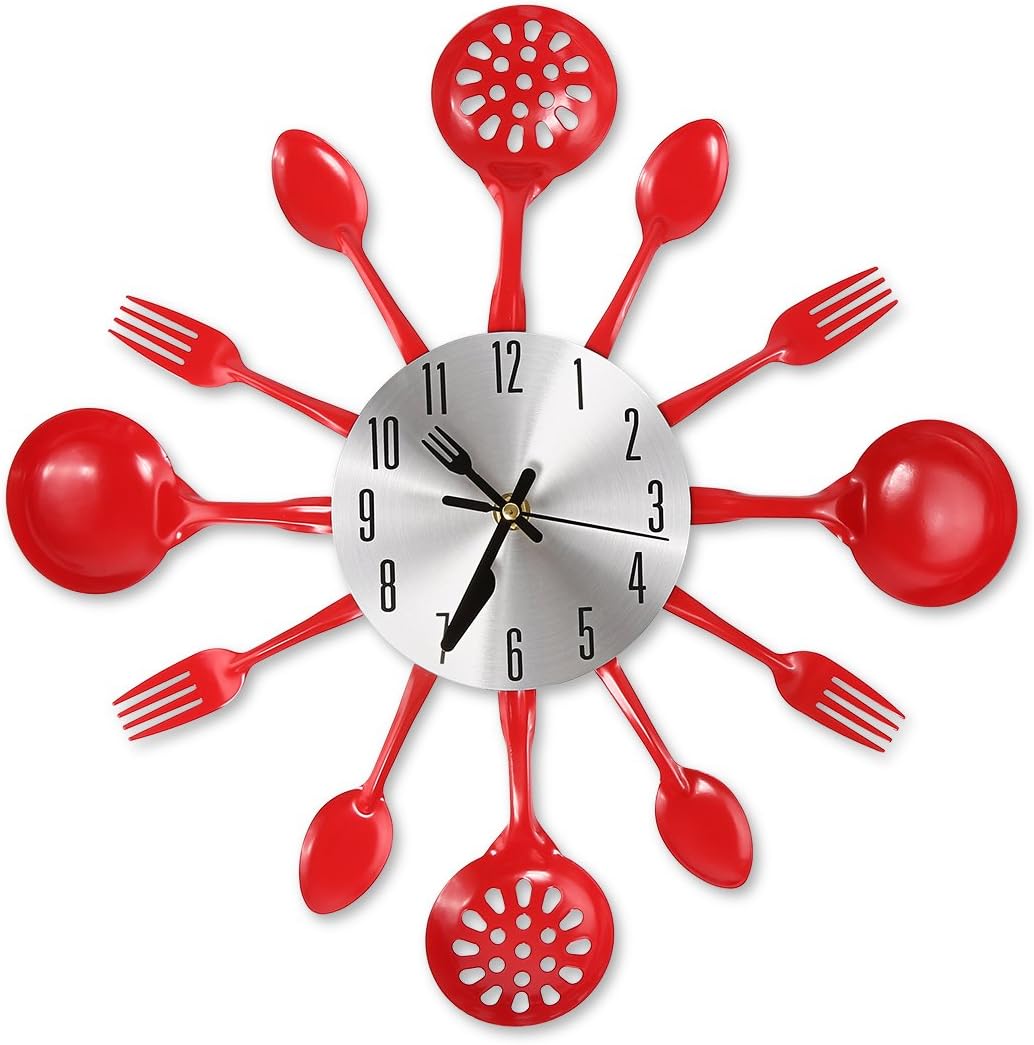 14 Inch Cutlery Kitchen Wall Clocks with Fork and Spoon Dial, Silent Clock Movement and Battery Operated, Great Wall Decor and Nice Housewarming Gifts