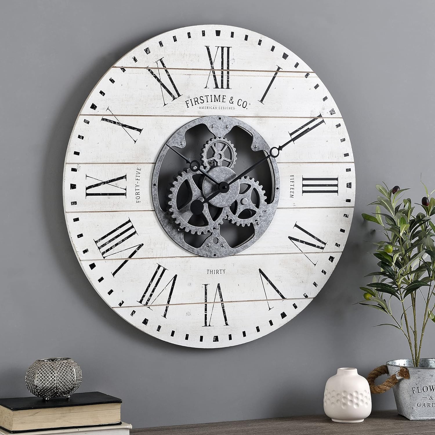 FirsTime & Co. White Shiplap Gears Wall Clock, Large Vintage Decor for Living Room, Home Office, Round, Wood and Plastic, Farmhouse, 27 inches